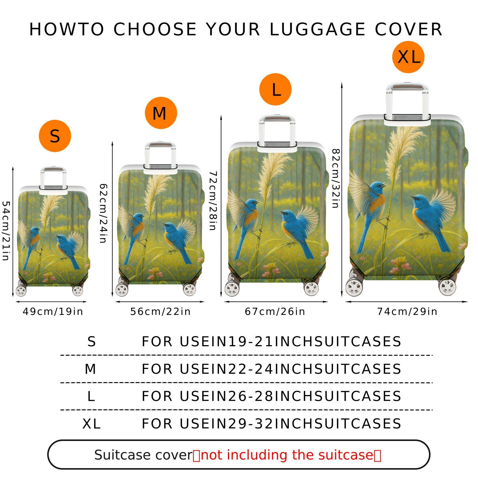 1-Piece Blue Bird Nature Forest Artistic Floral Scenic  Suitcase Luggage Cover, Stretch Protective Sleeve