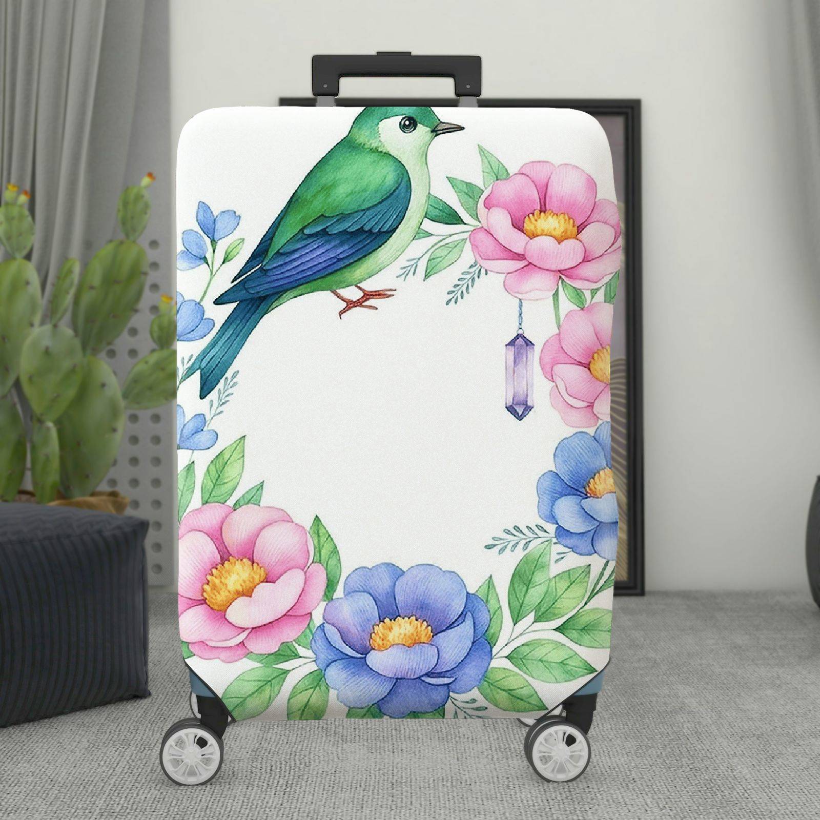 1-Piece Floral Bird Botanical Nature Art Pastel  Suitcase Luggage Cover, Stretch Protective Sleeve