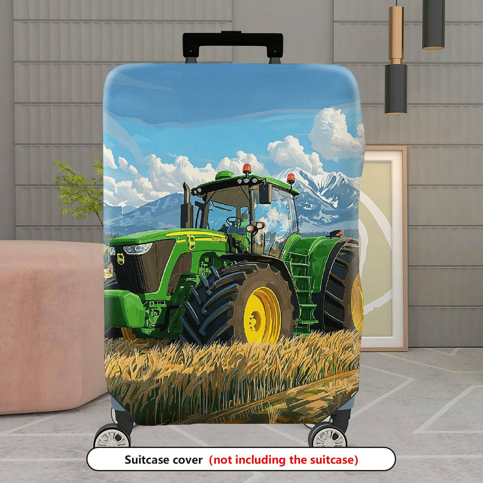 1-Piece Green Tractor Field Mountain Rural Landscape  Suitcase Luggage Cover, Stretch Protective Sleeve