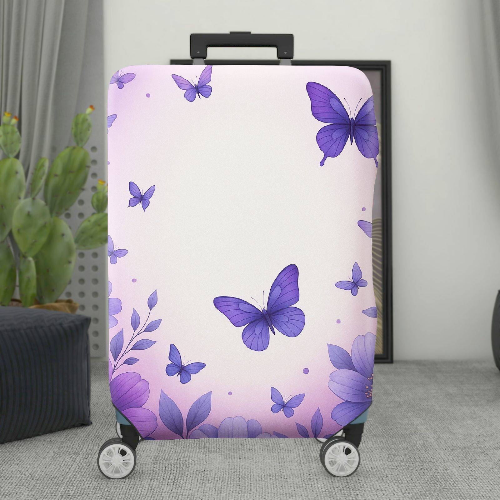 1-Piece Purple Butterfly Floral Pastoral Romantic Elegant  Suitcase Luggage Cover, Stretch Protective Sleeve