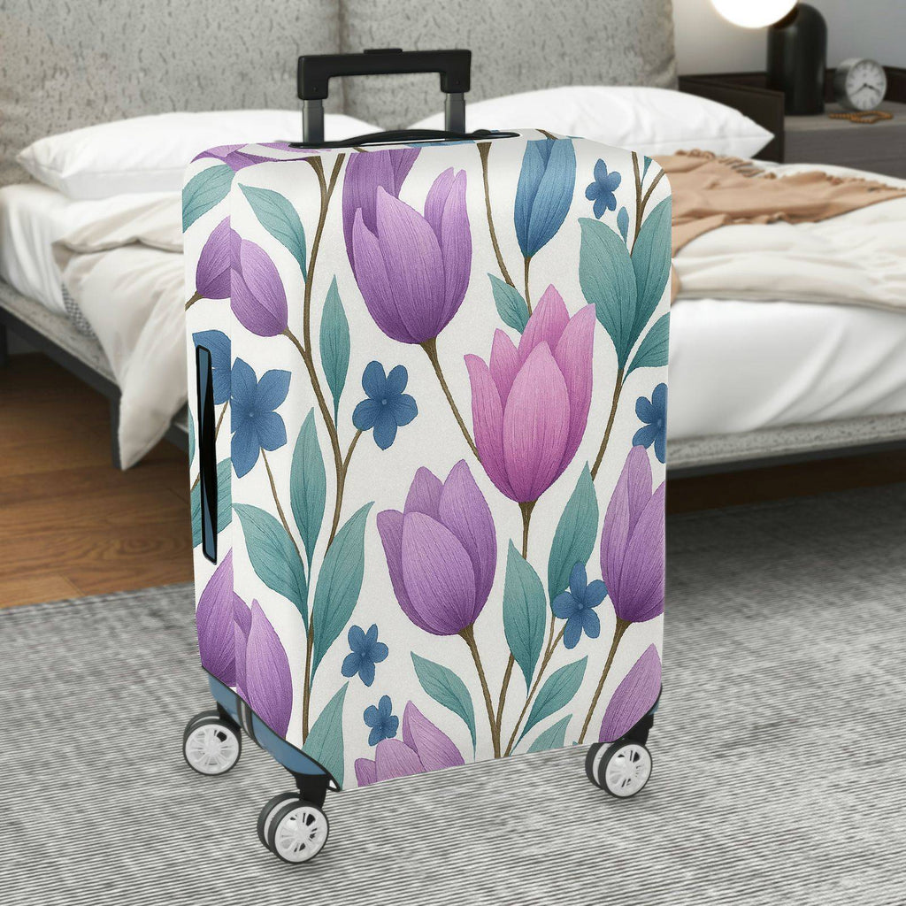1-Piece Purple Floral Pattern Tulip Leaf Blue Blossom  Suitcase Luggage Cover, Stretch Protective Sleeve