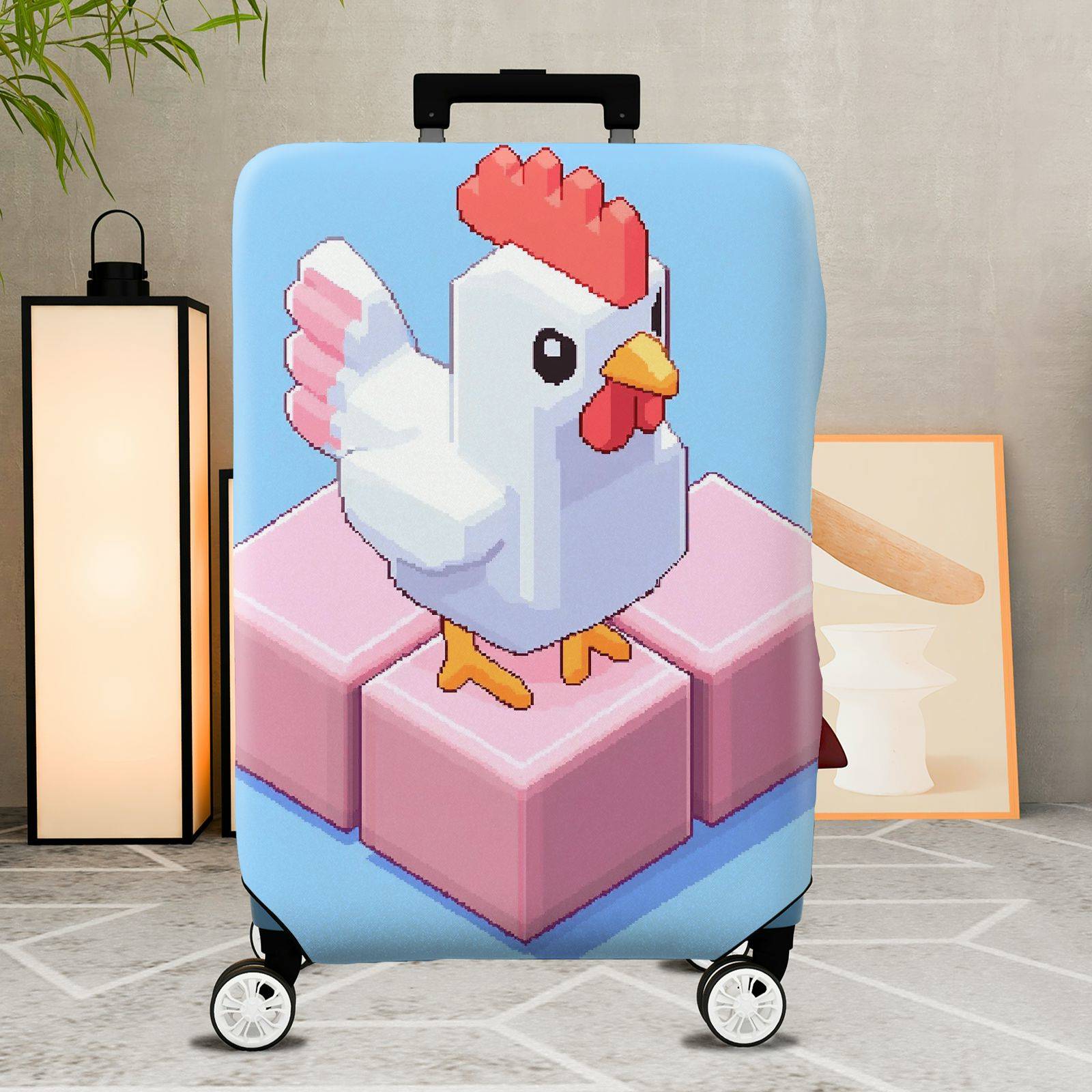 1-Piece Chicken Pixel Art Pink Blue Playful Abstract Geometric  Suitcase Luggage Cover, Stretch Protective Sleeve
