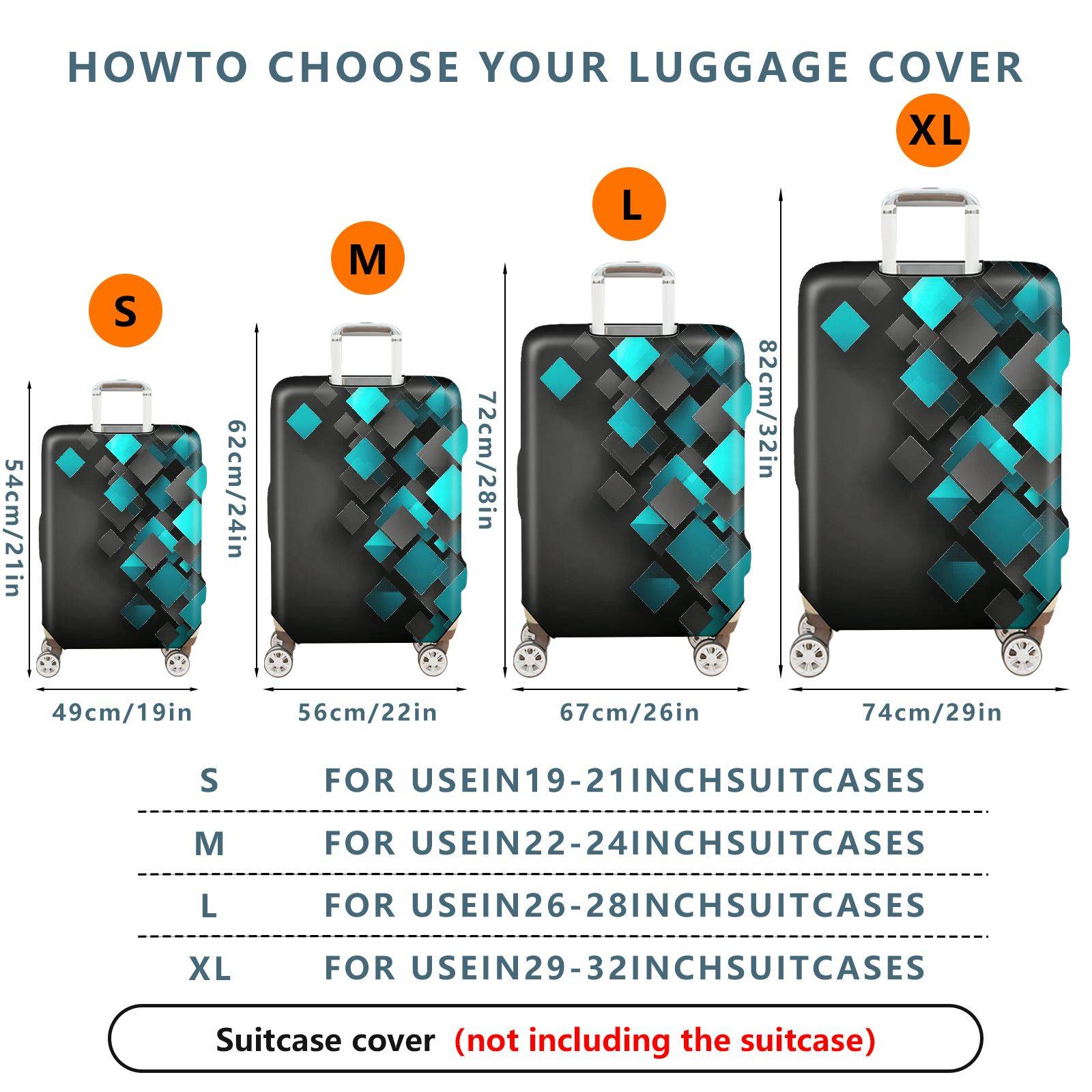 1-Piece Geometric Diamond Turquoise Black Modern Abstract  Suitcase Luggage Cover, Stretch Protective Sleeve