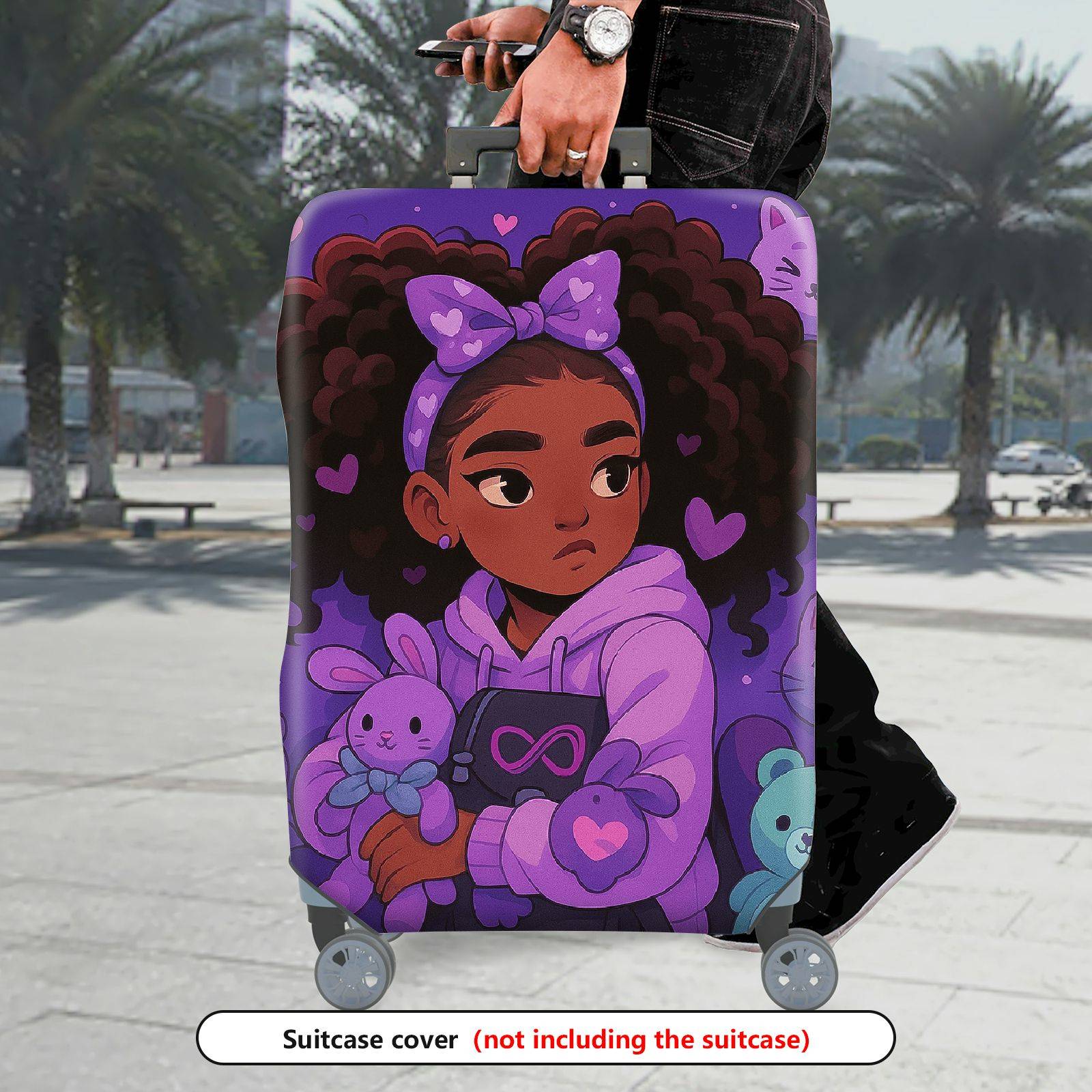 1-Piece Purple  Heart Teddy Bow Girl  Suitcase Luggage Cover, Stretch Protective Sleeve