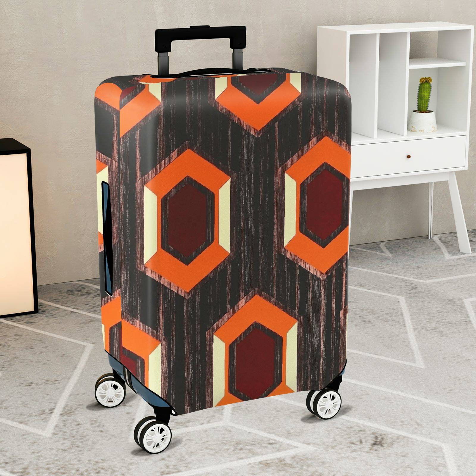 1-Piece Geometric Pattern Orange Brown Hexagon Retro Vintage  Suitcase Luggage Cover, Stretch Protective Sleeve