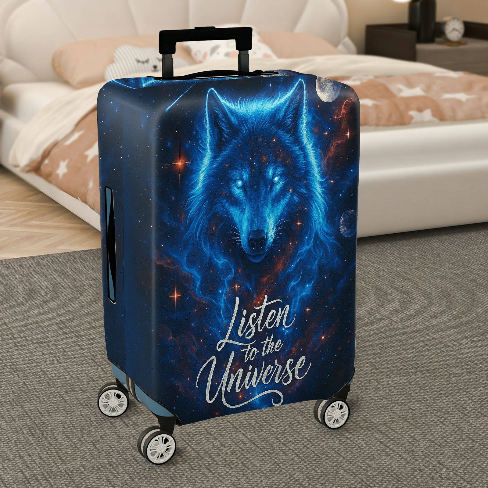 1-Piece Cosmic Wolf Galaxy Stars Moon Text  Suitcase Luggage Cover, Stretch Protective Sleeve