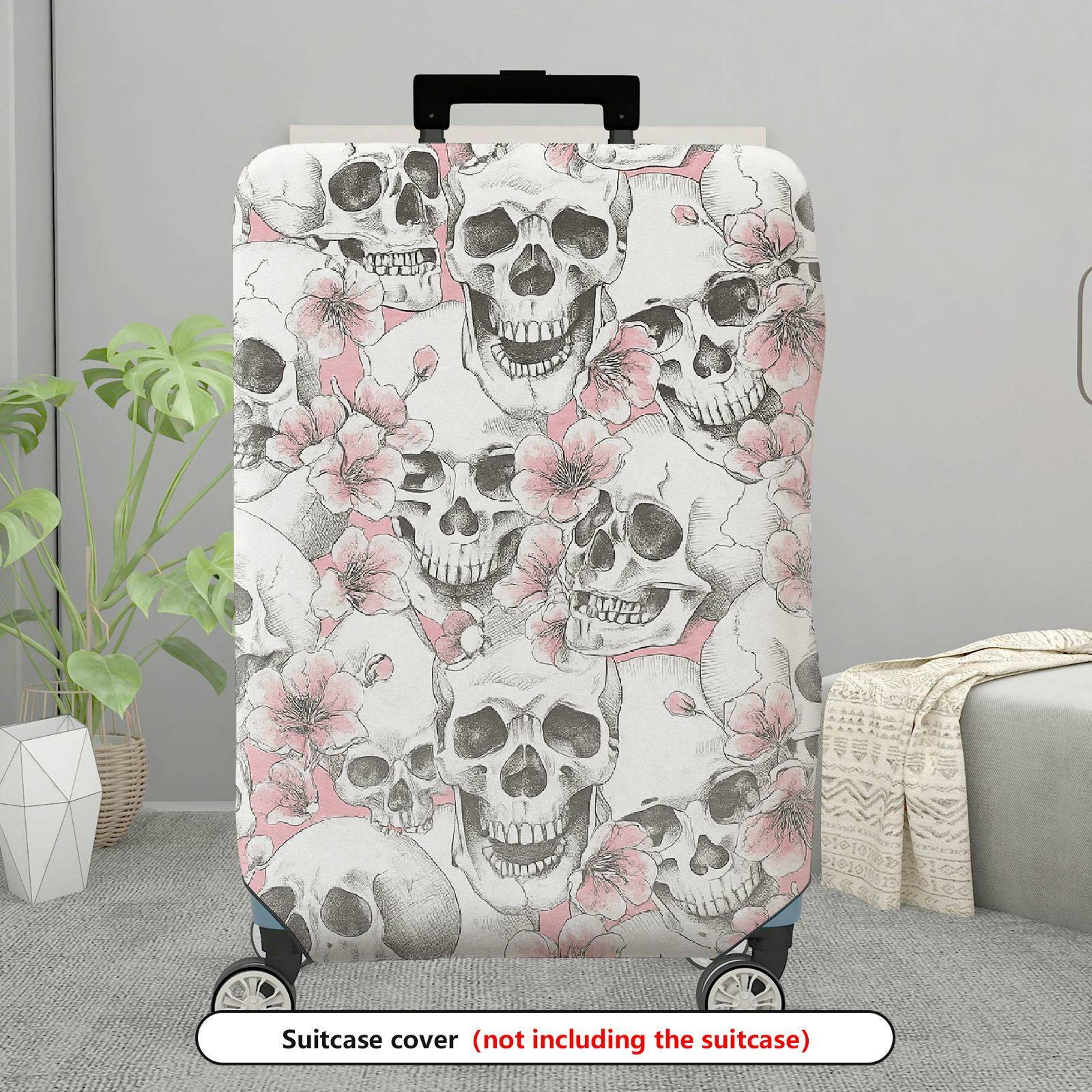 1-Piece Skull Floral Pink Gray Pattern Stylish Luggage  Suitcase Luggage Cover, Stretch Protective Sleeve