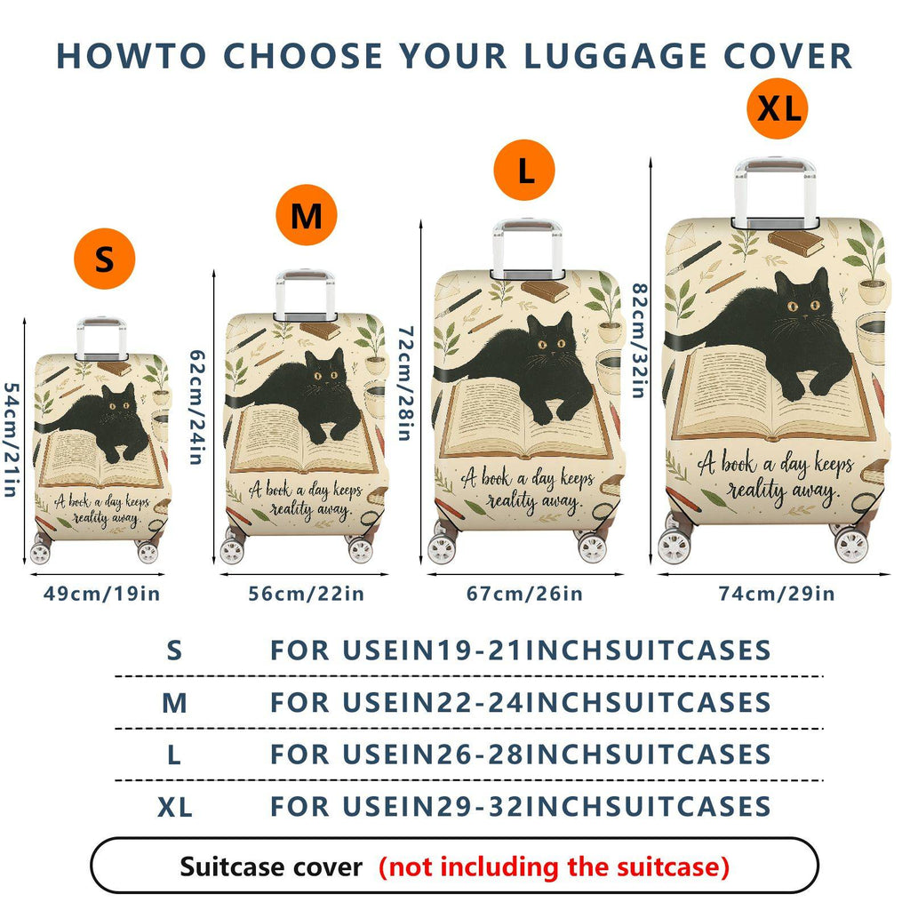 1-Piece Black Cat Book Plant Coffee Pen Artistic Vintage  Suitcase Luggage Cover, Stretch Protective Sleeve
