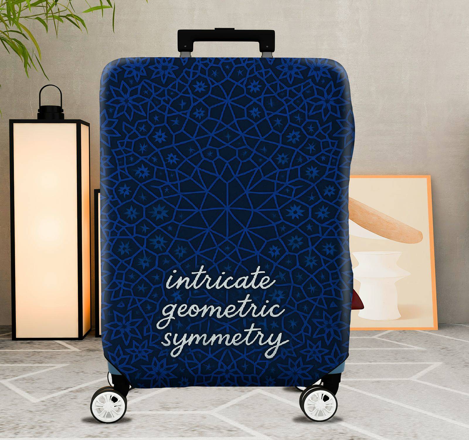 1-Piece Blue Intricate Geometric Symmetry Floral Star Pattern  Suitcase Luggage Cover, Stretch Protective Sleeve
