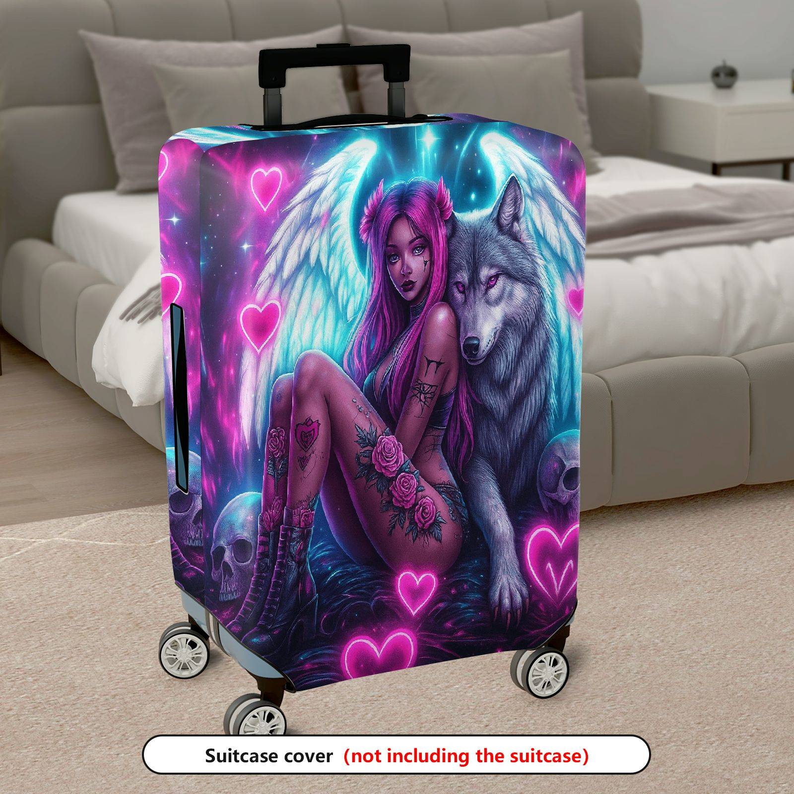 1-Piece Angel Fantasy Wolf Skull Rose Heart  Suitcase Luggage Cover, Stretch Protective Sleeve