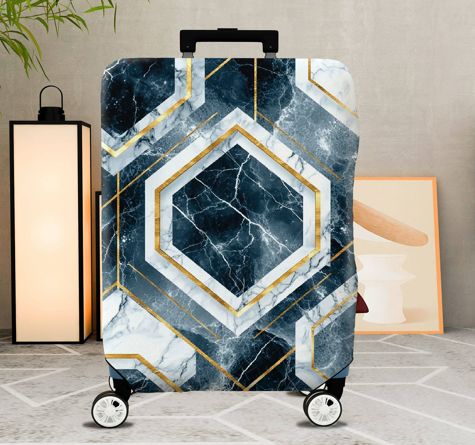1-Piece Geometric Marble Pattern Navy Gold Elegant Abstract  Suitcase Luggage Cover, Stretch Protective Sleeve