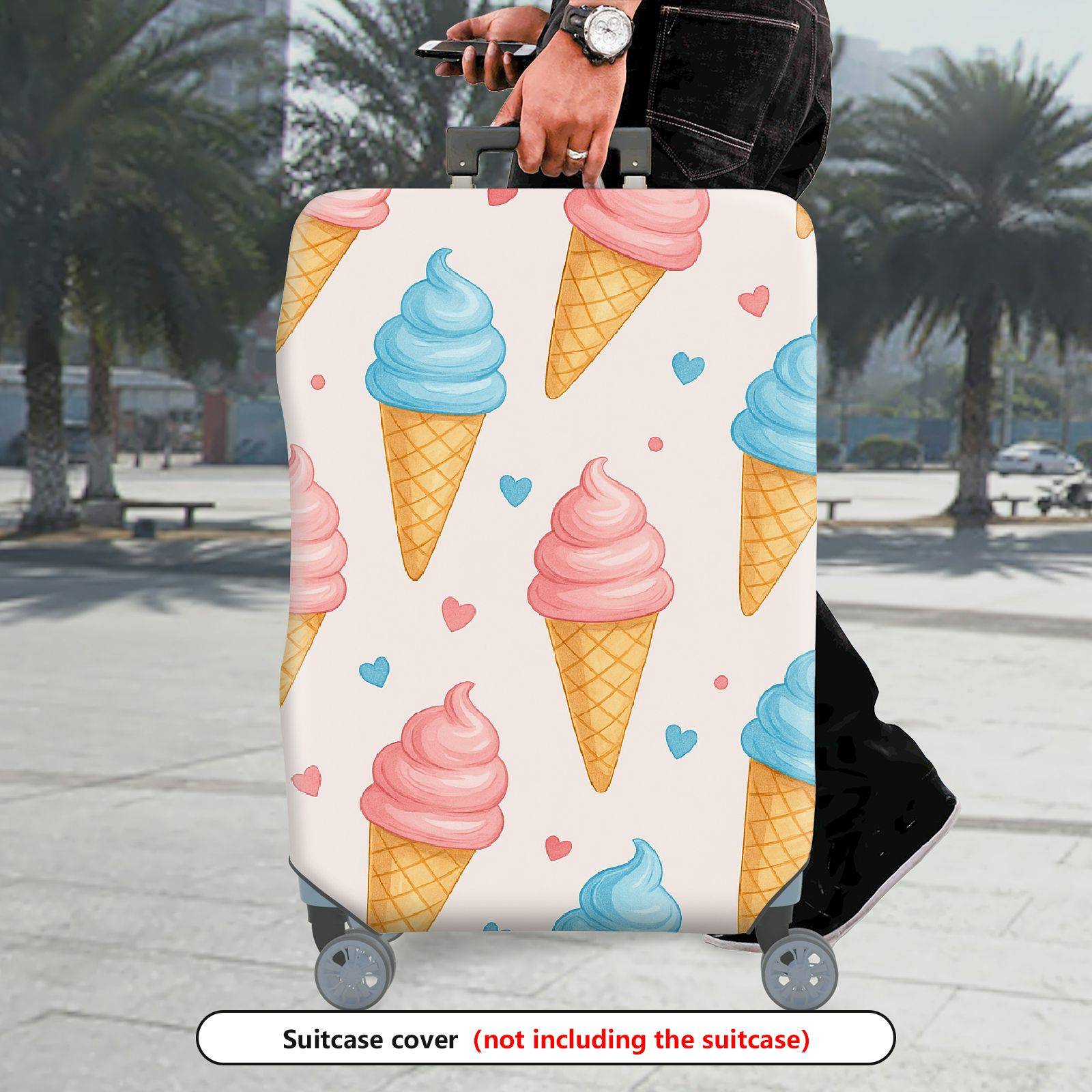 1-Piece Ice Cream Cone Heart Pattern Pastel Pink Blue Travel  Suitcase Luggage Cover, Stretch Protective Sleeve
