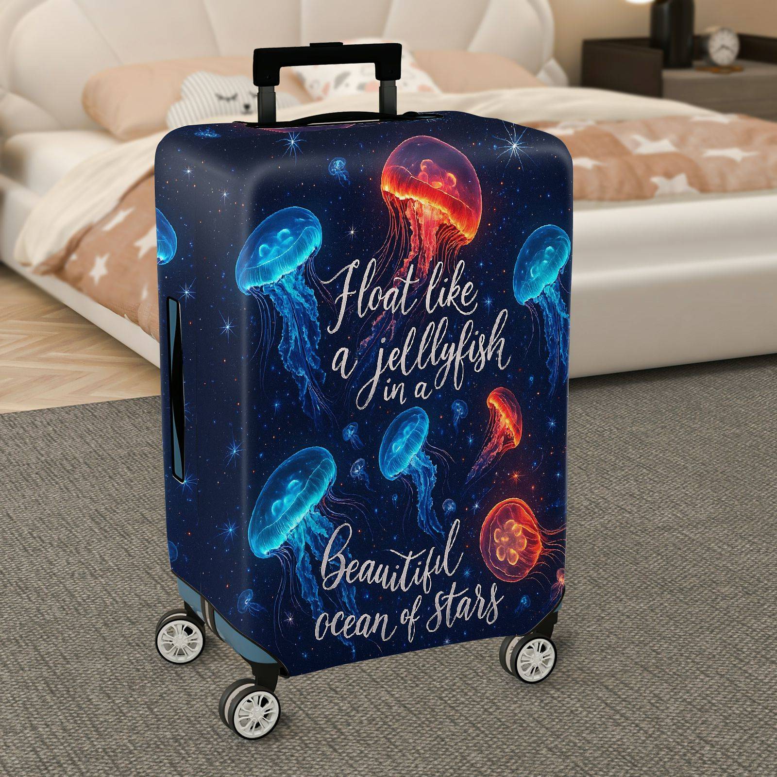 1-Piece Jellyfish Ocean Stars Colorful Cosmic Quote  Suitcase Luggage Cover, Stretch Protective Sleeve