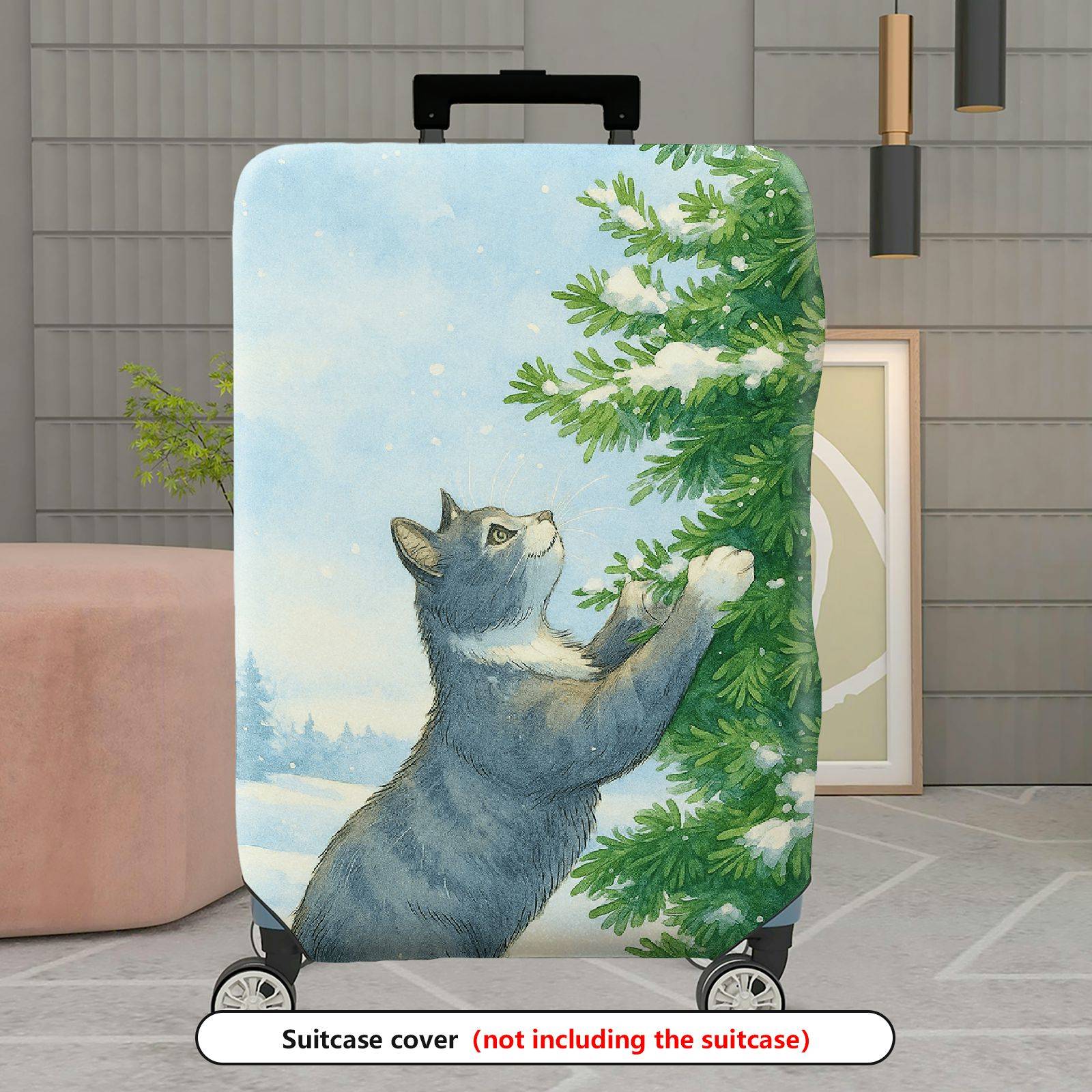 1-Piece Cat Winter Snow Christmas Tree Holiday  Suitcase Luggage Cover, Stretch Protective Sleeve