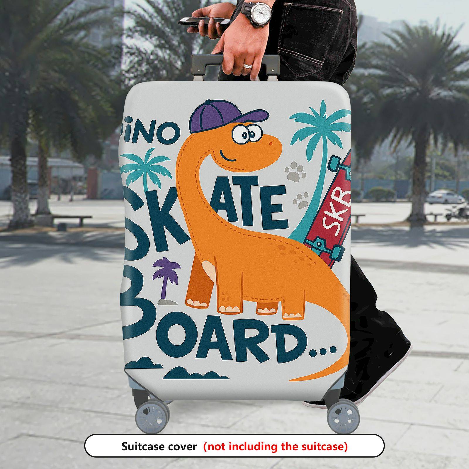 1-Piece Dino  Skateboard Palm Tree Fun  Suitcase Luggage Cover, Stretch Protective Sleeve