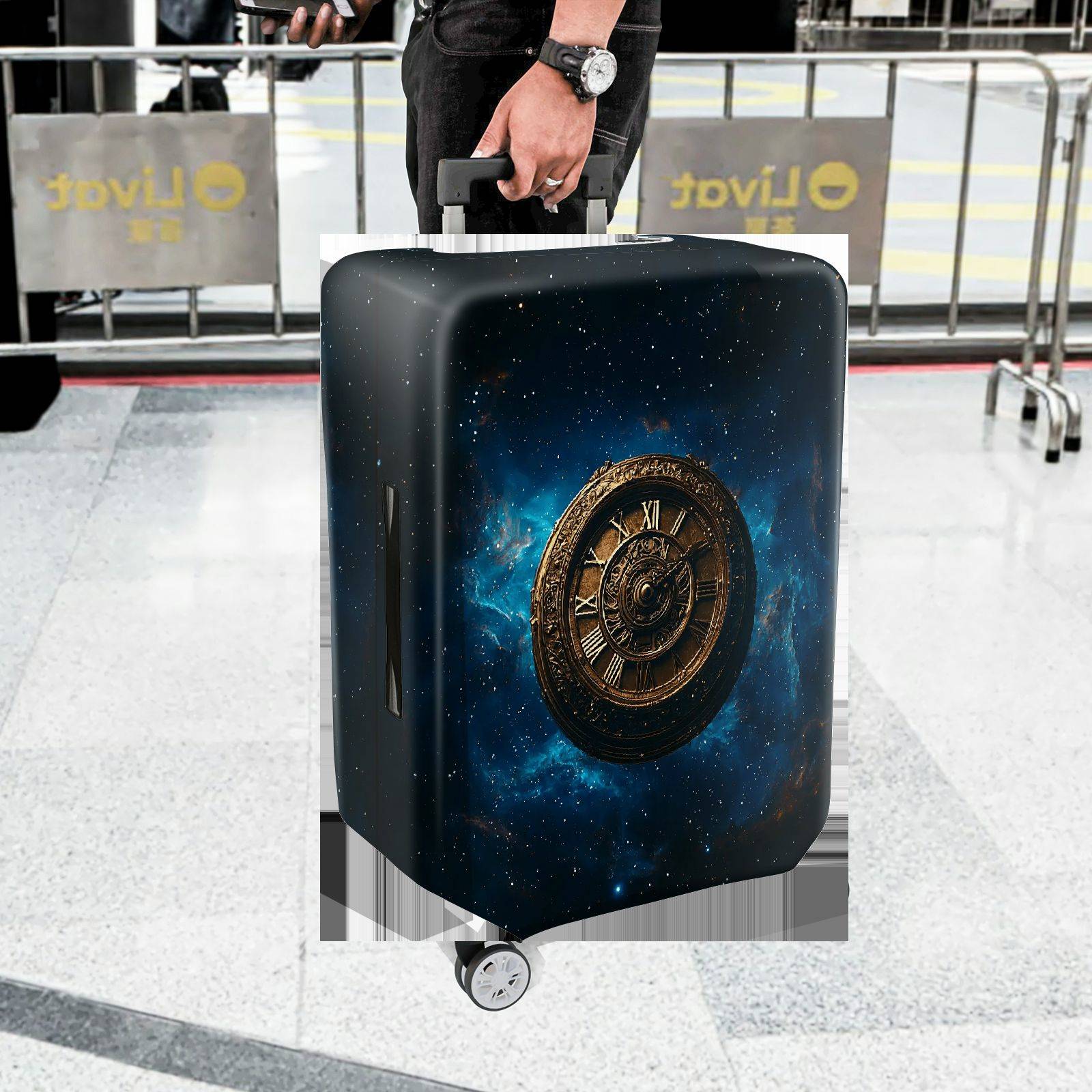 1-Piece Cosmic Time Galaxy Clock Universe Starry Night  Suitcase Luggage Cover, Stretch Protective Sleeve
