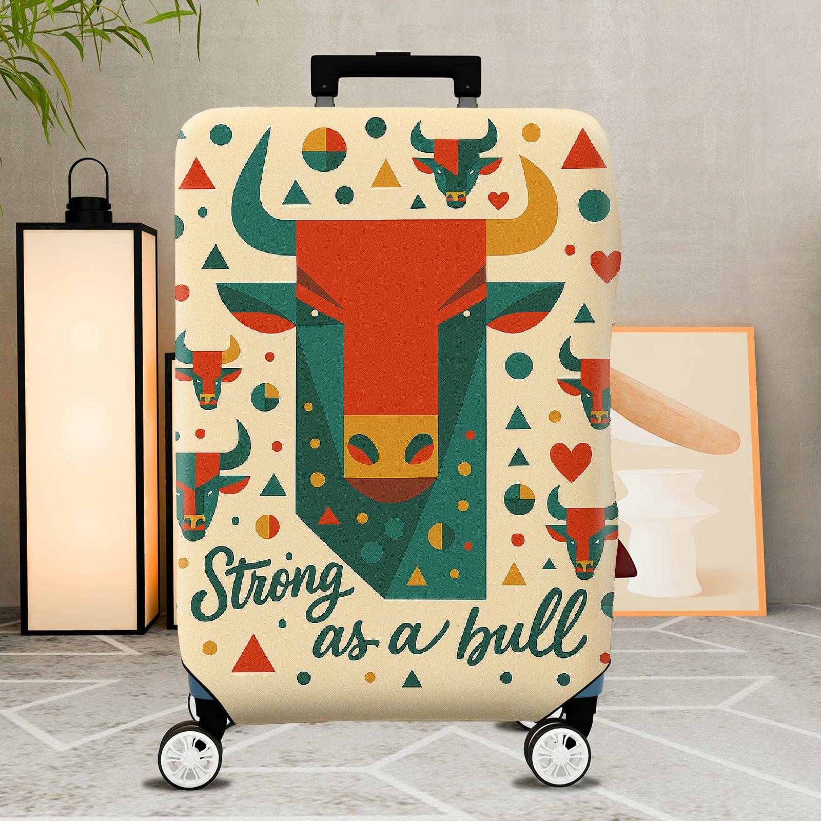 1-Piece Geometric Bull Pattern Red Green Bold Art Animal  Suitcase Luggage Cover, Stretch Protective Sleeve