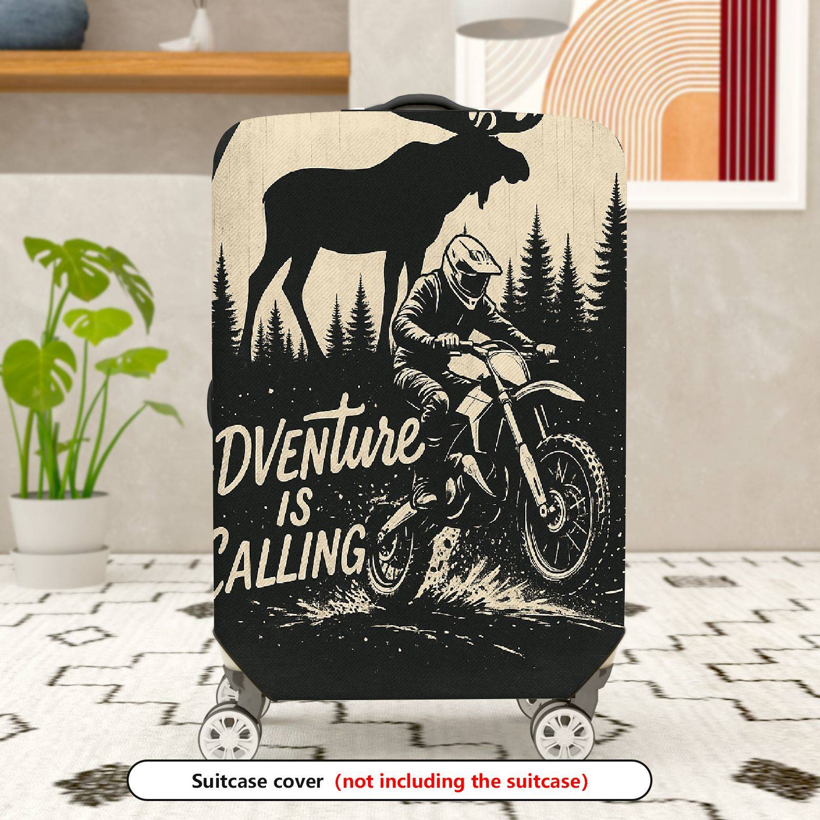 1-Piece Adventure Moose Forest Motorcycle Vintage  Suitcase Luggage Cover, Stretch Protective Sleeve