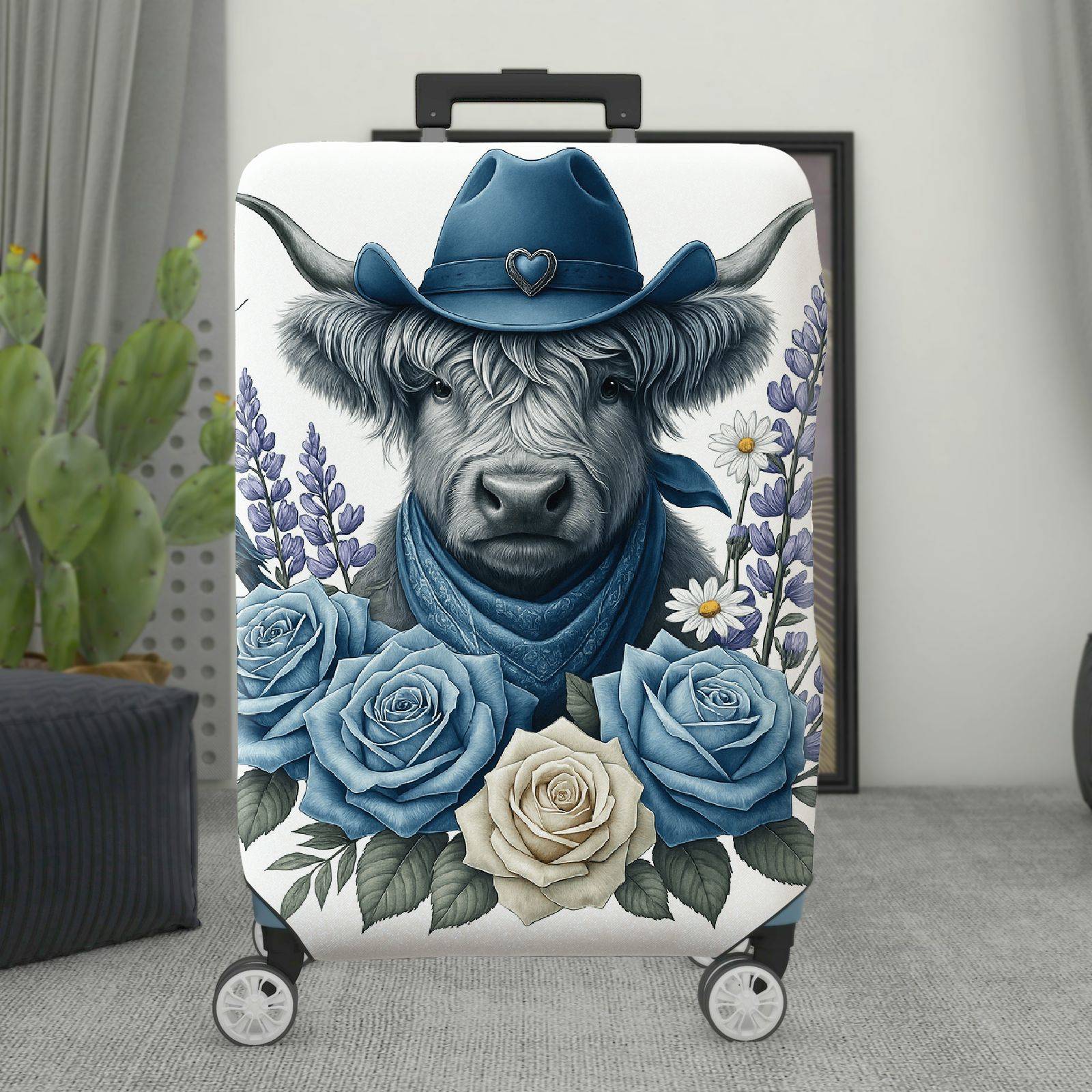 1-Piece Cowboy Cow Floral Butterfly Nature Bird  Suitcase Luggage Cover, Stretch Protective Sleeve