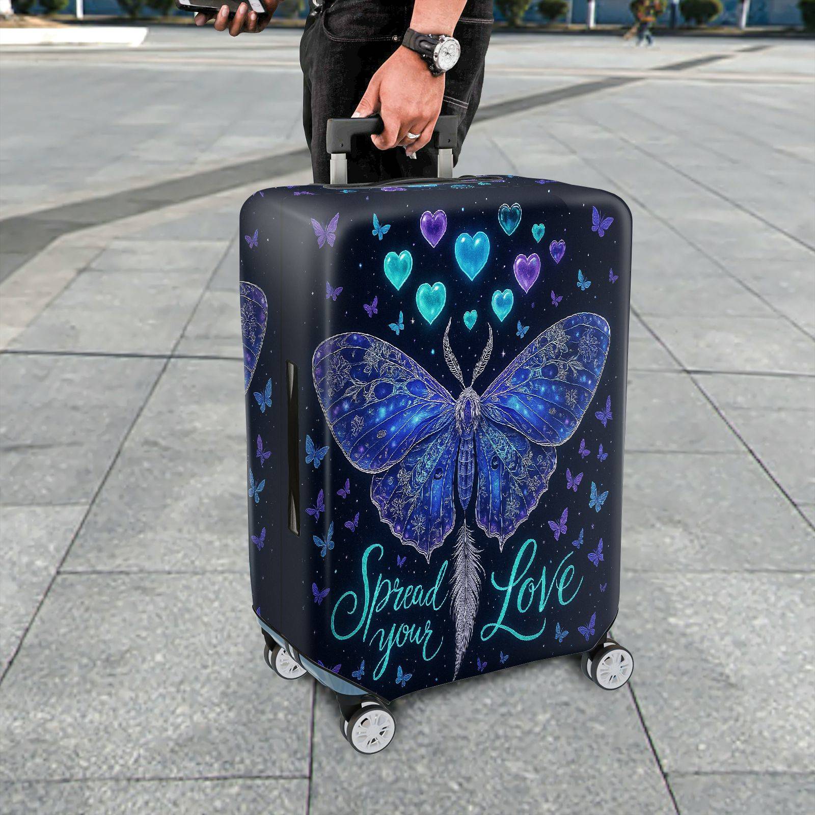 1-Piece Butterfly Heart Starry Blue Love Cosmic  Suitcase Luggage Cover, Stretch Protective Sleeve