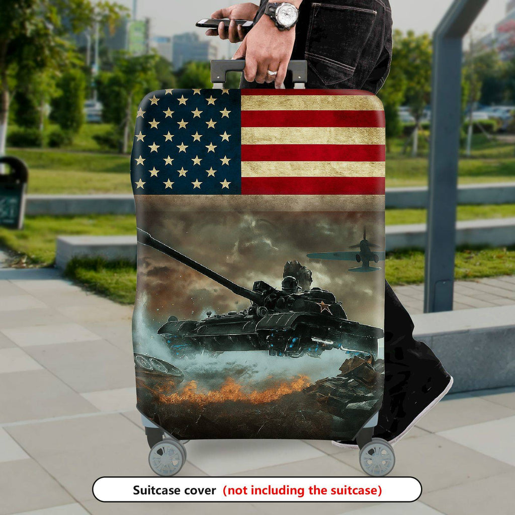 1-Piece American Flag Tank War Airplane Battlefield Fire  Suitcase Luggage Cover, Stretch Protective Sleeve