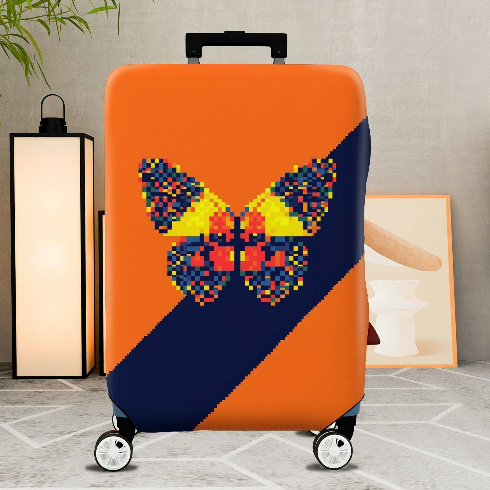 1-Piece Orange Abstract Butterfly Pattern Travel Art Pixel Geometric  Suitcase Luggage Cover, Stretch Protective Sleeve