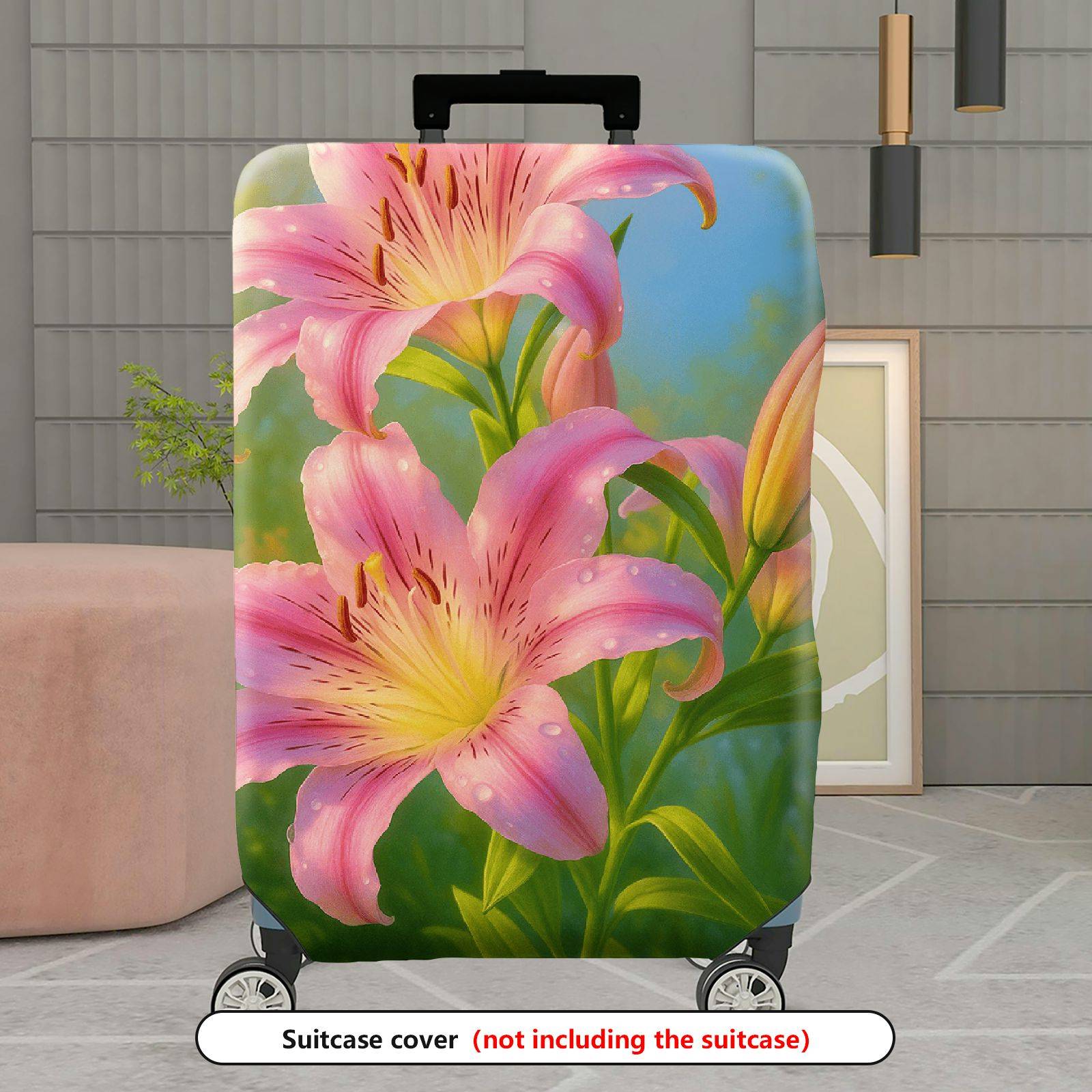 1-Piece Pink Lily Flower Nature Artistic Beautiful Colorful  Suitcase Luggage Cover, Stretch Protective Sleeve