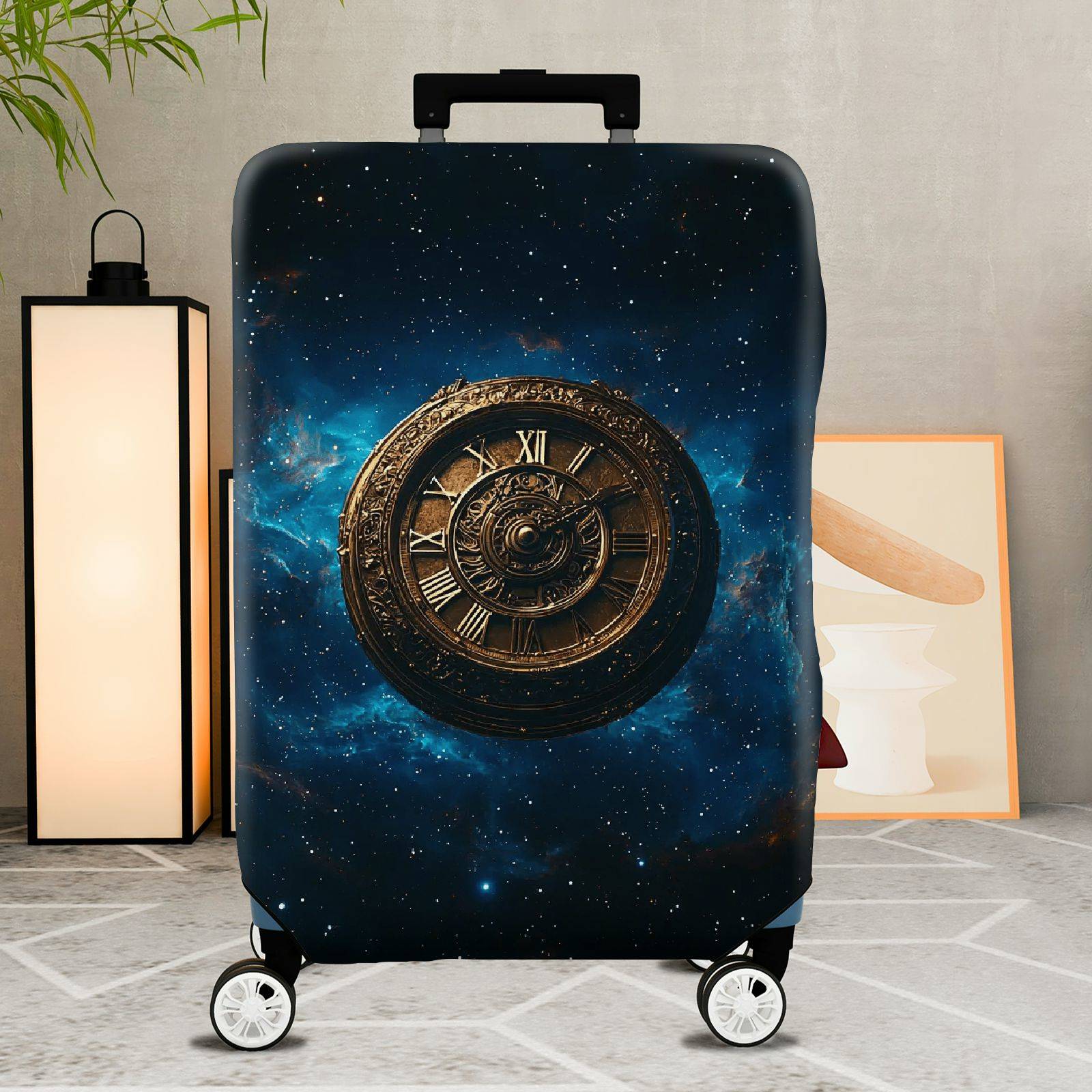 1-Piece Cosmic Time Galaxy Clock Universe Starry Night  Suitcase Luggage Cover, Stretch Protective Sleeve