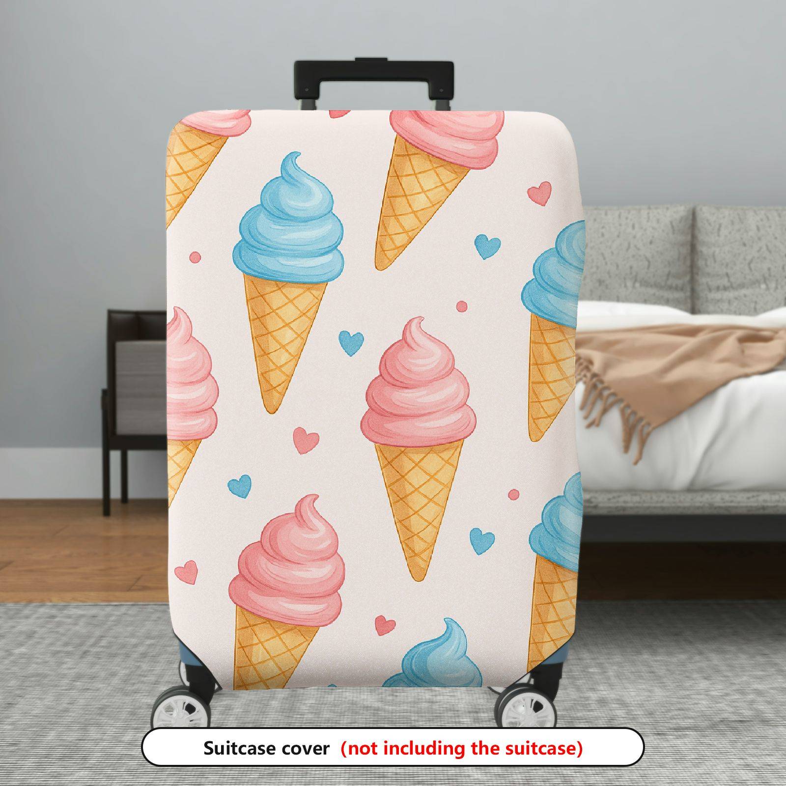 1-Piece Ice Cream Cone Heart Pattern Pastel Pink Blue Travel  Suitcase Luggage Cover, Stretch Protective Sleeve