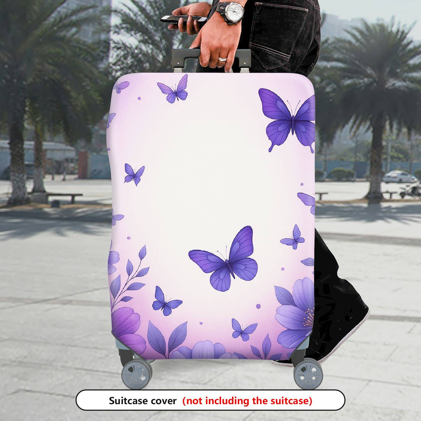 1-Piece Purple Butterfly Floral Pastoral Romantic Elegant  Suitcase Luggage Cover, Stretch Protective Sleeve