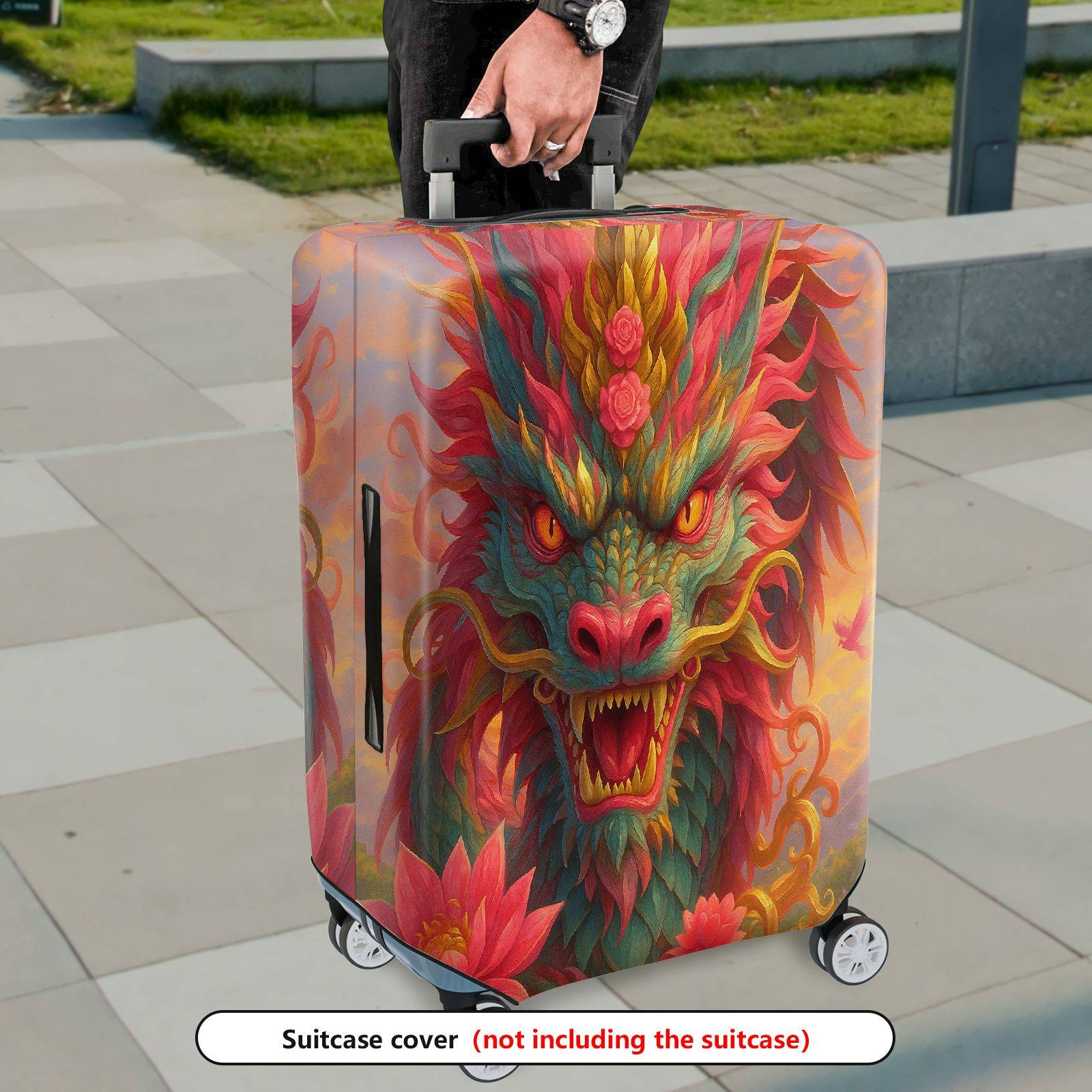 1-Piece Dragon Floral Artistic Mystical Vibrant  Suitcase Luggage Cover, Stretch Protective Sleeve