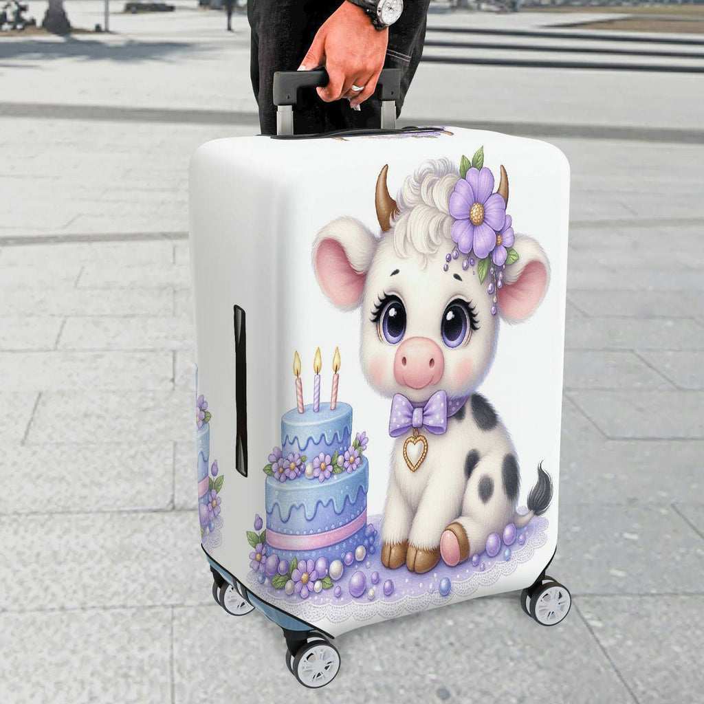1-Piece Adorable  Cow Birthday Cake Purple Flower Decorative  Suitcase Luggage Cover, Stretch Protective Sleeve