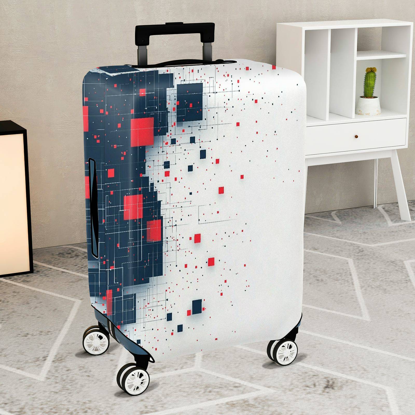 1-Piece Abstract Geometric Red Blue Tech Modern Digital  Suitcase Luggage Cover, Stretch Protective Sleeve