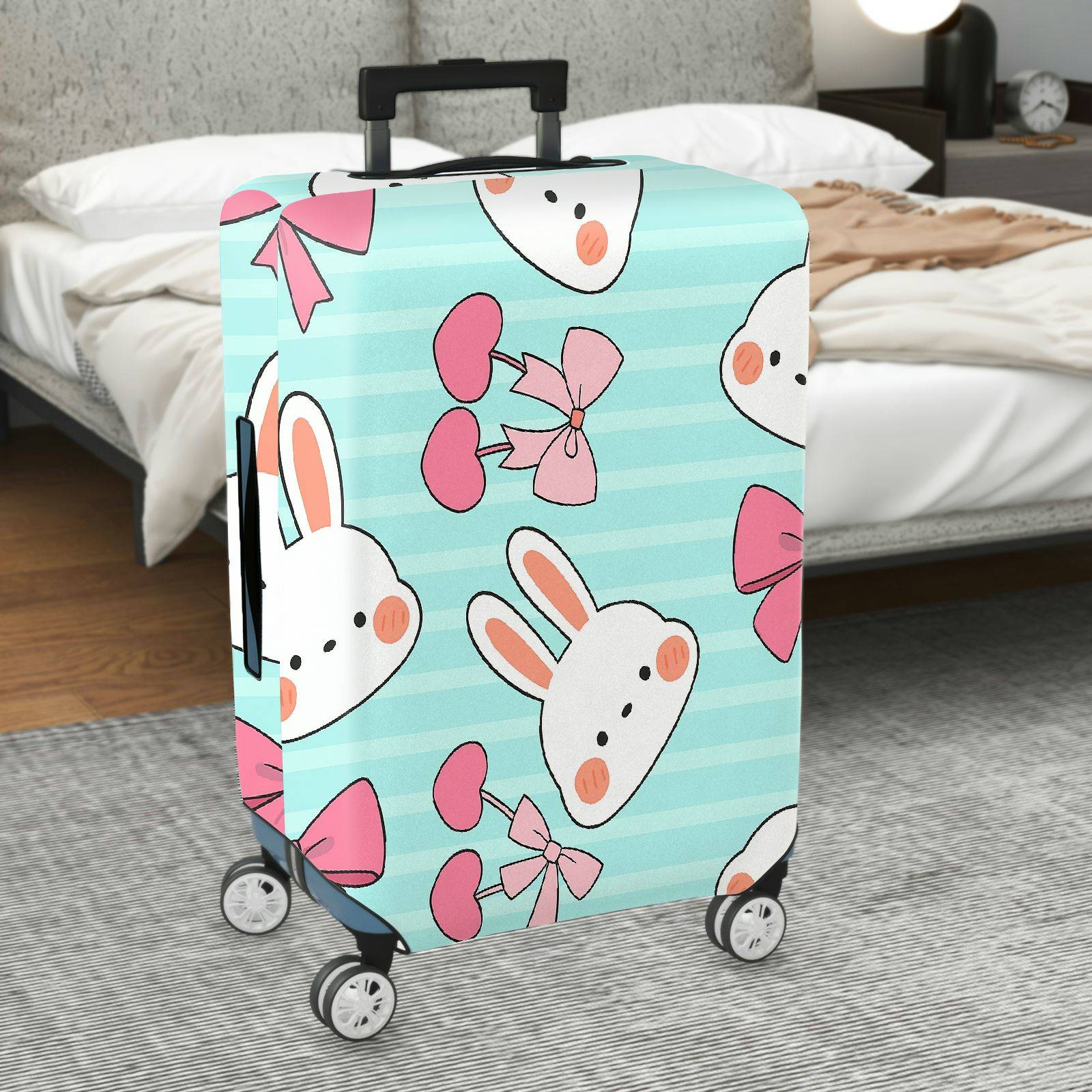 1-Piece Cute Bunny Pink Bow Love Stripes  Suitcase Luggage Cover, Stretch Protective Sleeve