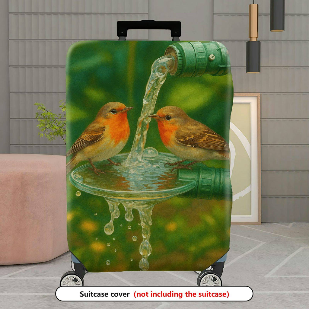1-Piece Birds Nature Watercolor Pipe Green Artistic  Suitcase Luggage Cover, Stretch Protective Sleeve