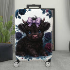 1-Piece Cute Black Highland Cow Floral Bow Travel  Suitcase Luggage Cover, Stretch Protective Sleeve