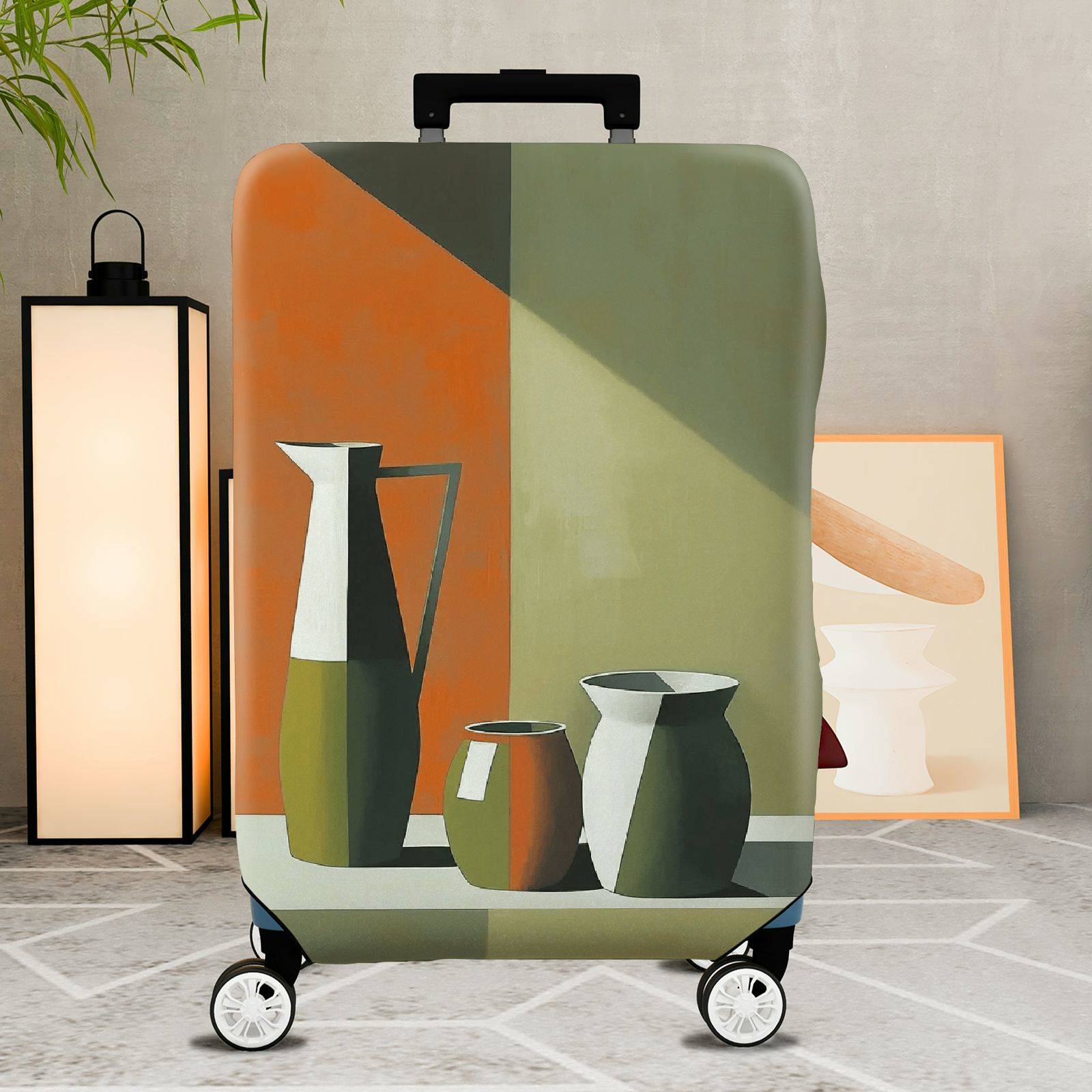1-Piece Modern Abstract Geometric Art Vase Orange Green  Suitcase Luggage Cover, Stretch Protective Sleeve