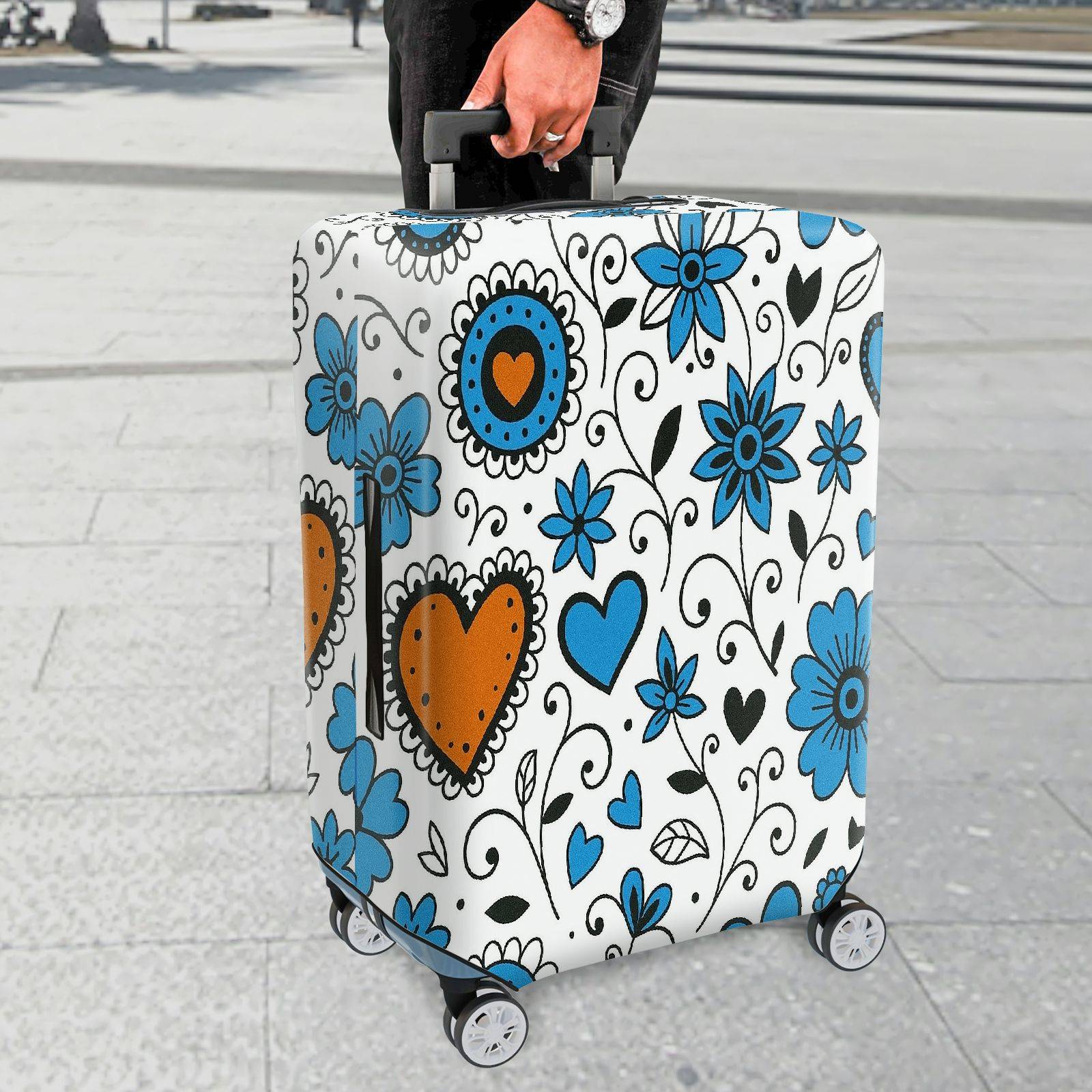 1-Piece Floral Heart Blue White Black Orange  Suitcase Luggage Cover, Stretch Protective Sleeve
