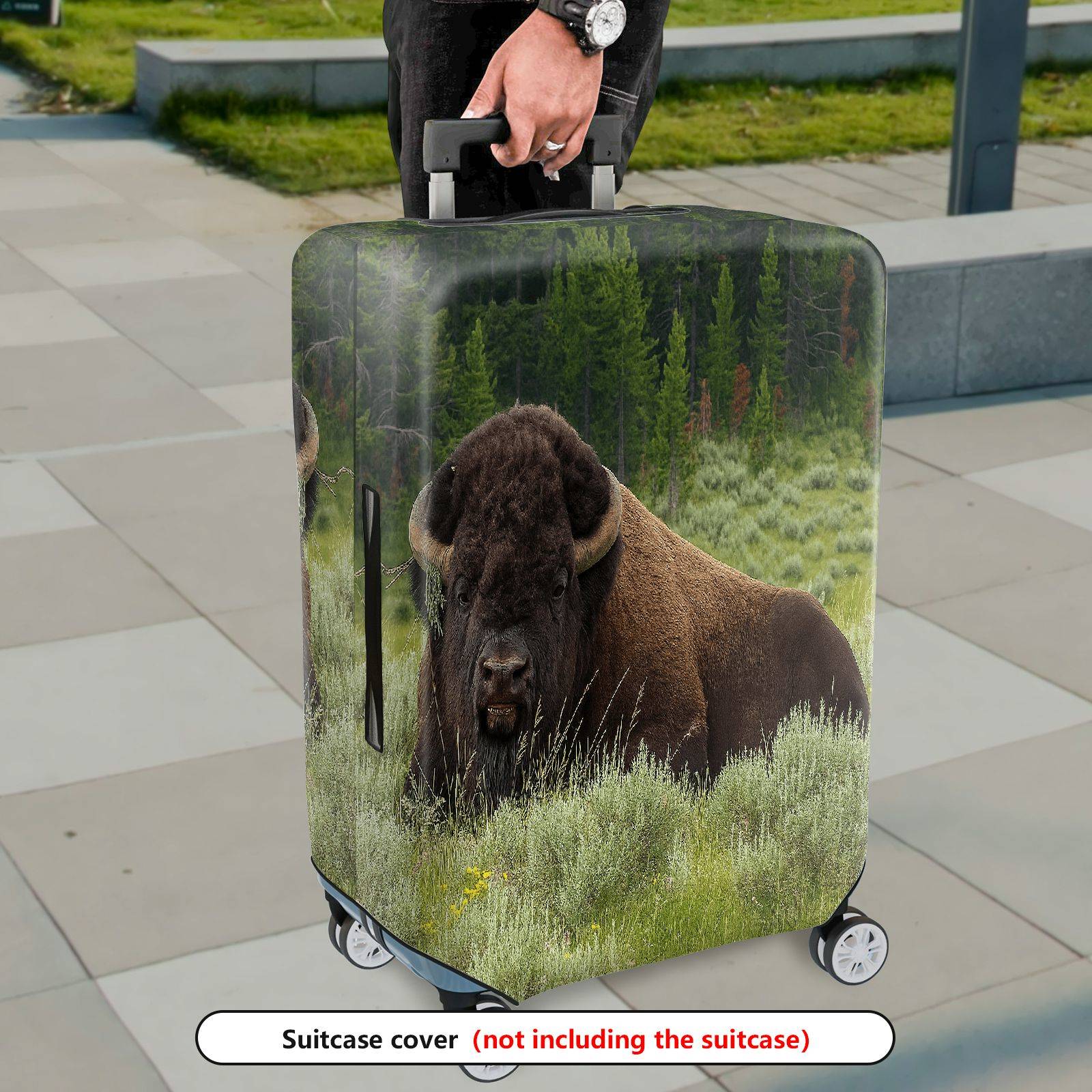 1-Piece Buffalo Wildlife Landscape Nature Green Forest Travel  Suitcase Luggage Cover, Stretch Protective Sleeve