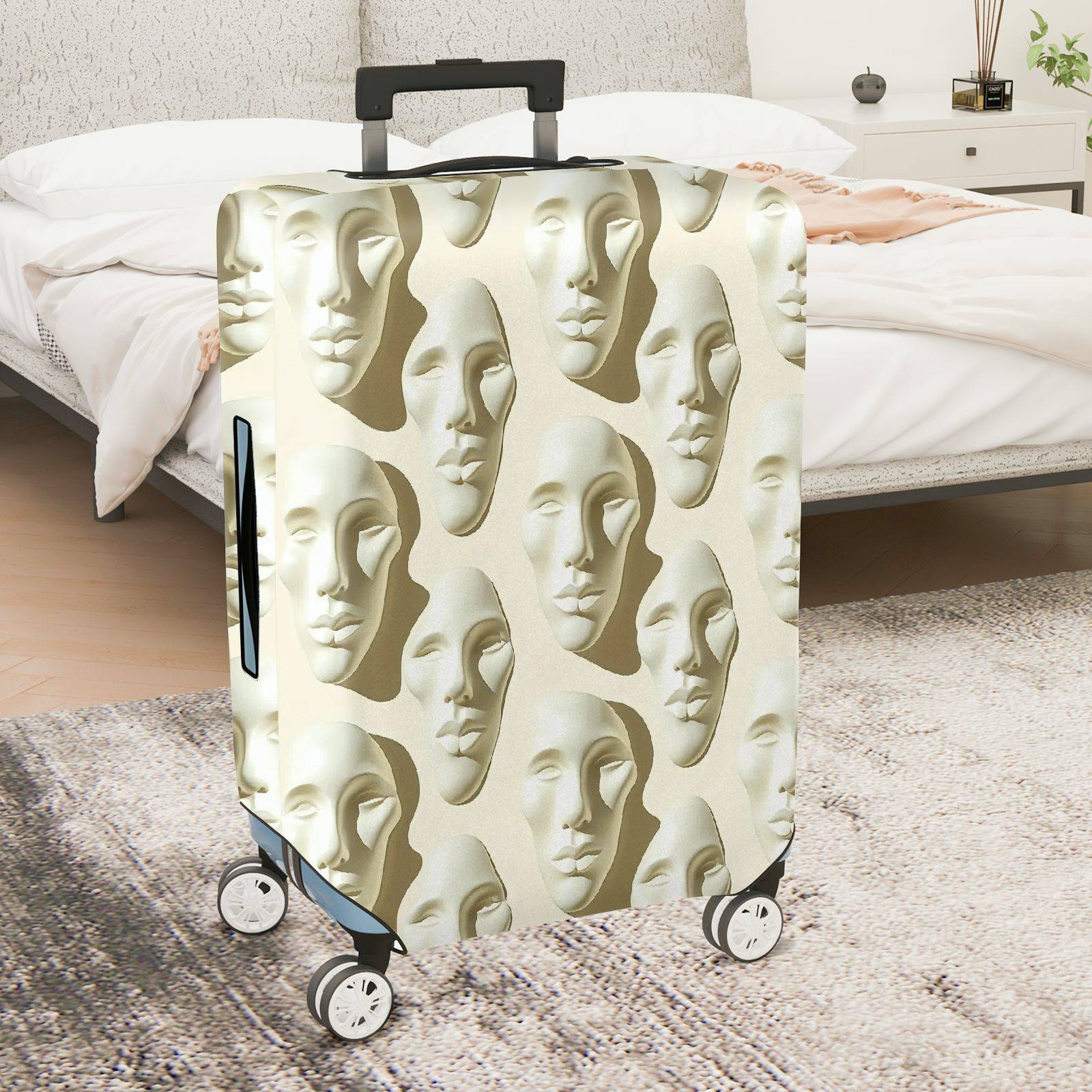 1-Piece Artistic Abstract Face Pattern White Beige  Suitcase Luggage Cover, Stretch Protective Sleeve