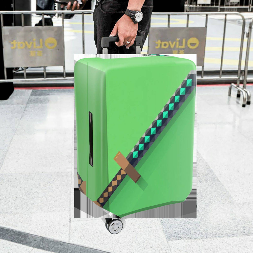1-Piece Gaming Sword Pixel Art Green Block Geometric Fun  Suitcase Luggage Cover, Stretch Protective Sleeve
