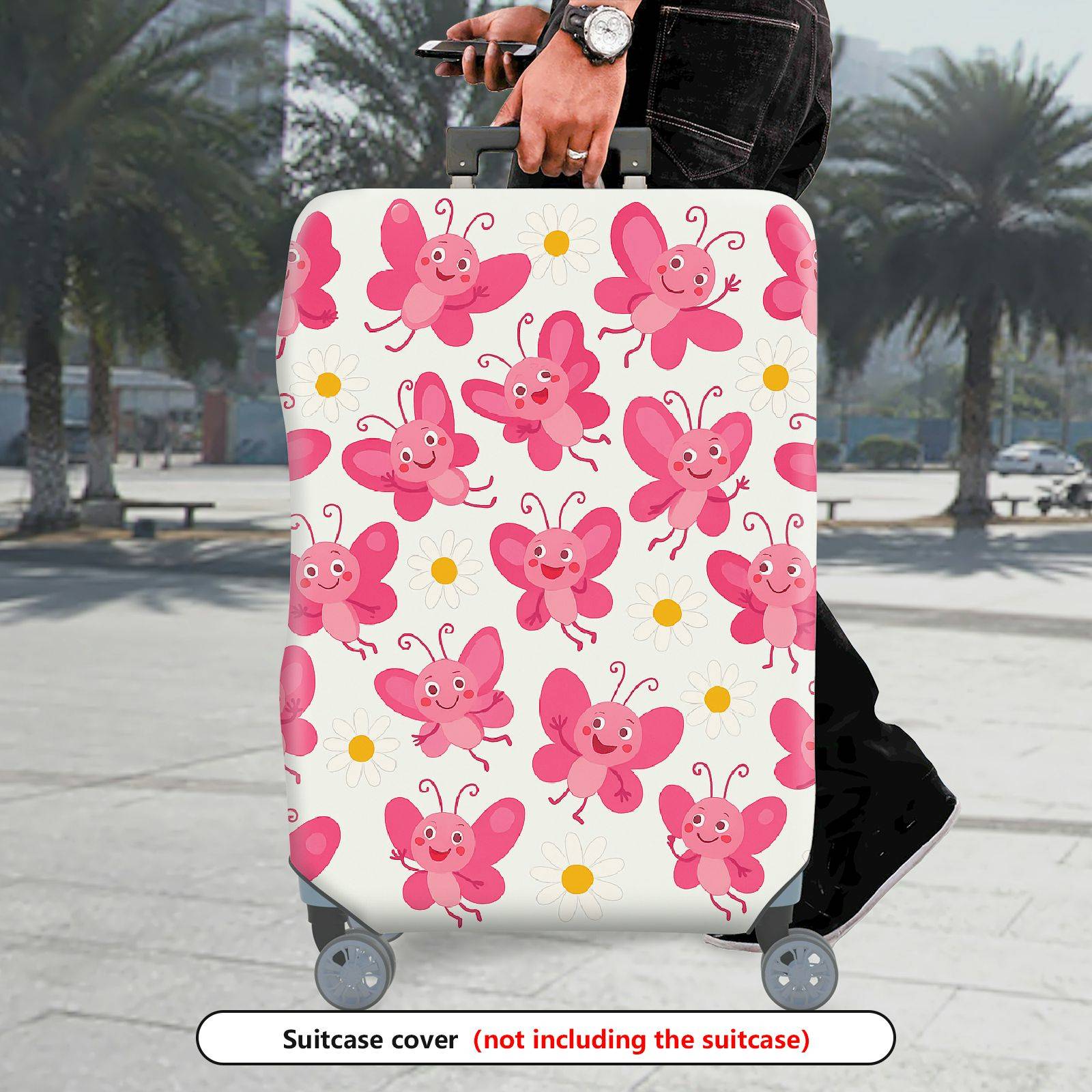 1-Piece Pink Butterfly Flower Travel Luggage  Suitcase Luggage Cover, Stretch Protective Sleeve