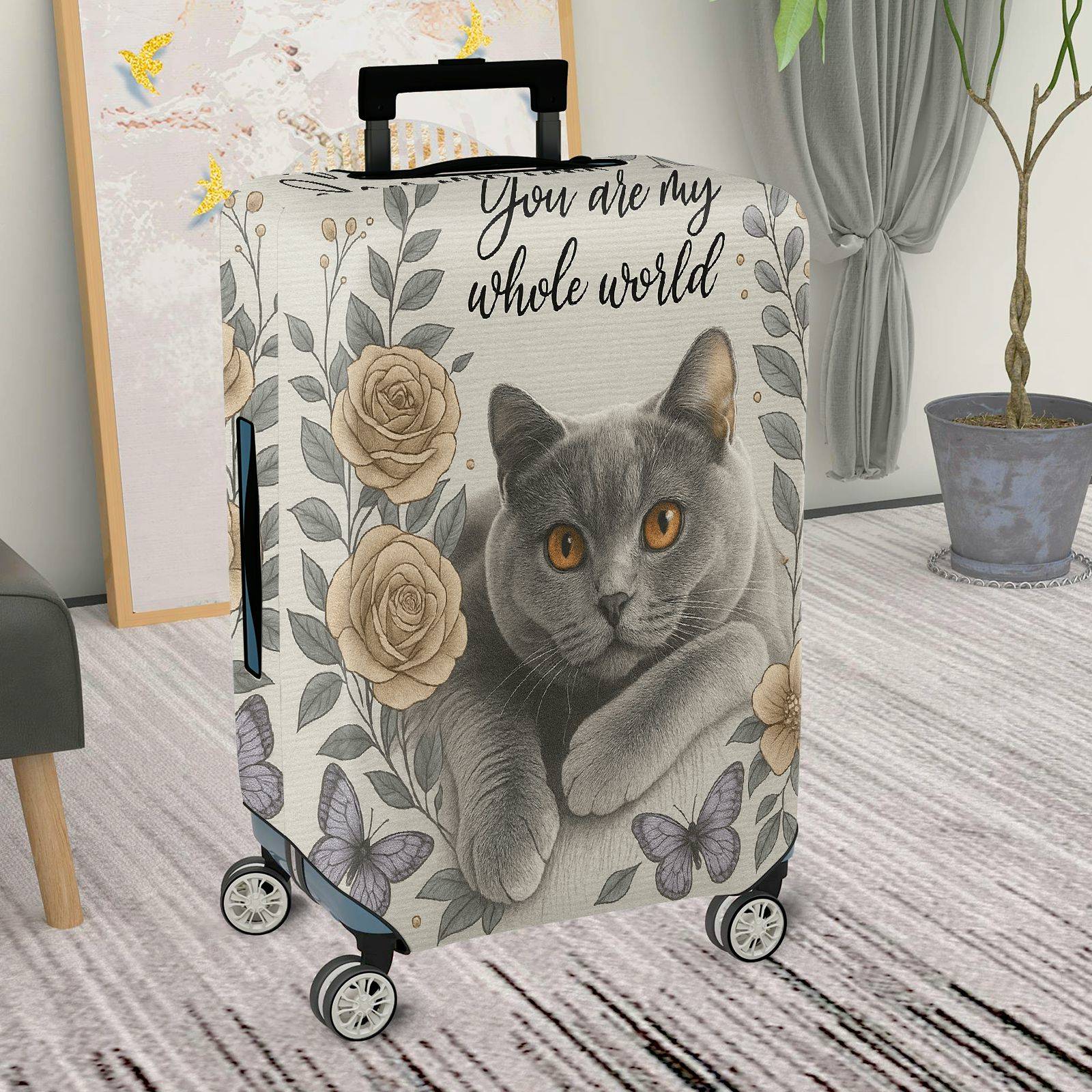 1-Piece Floral Cat Rose Butterfly Artistic  Suitcase Luggage Cover, Stretch Protective Sleeve