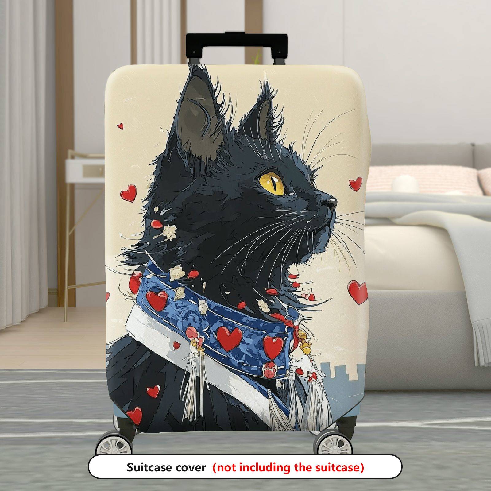 1-Piece Black Cat Heart Love Red Artistic  Suitcase Luggage Cover, Stretch Protective Sleeve