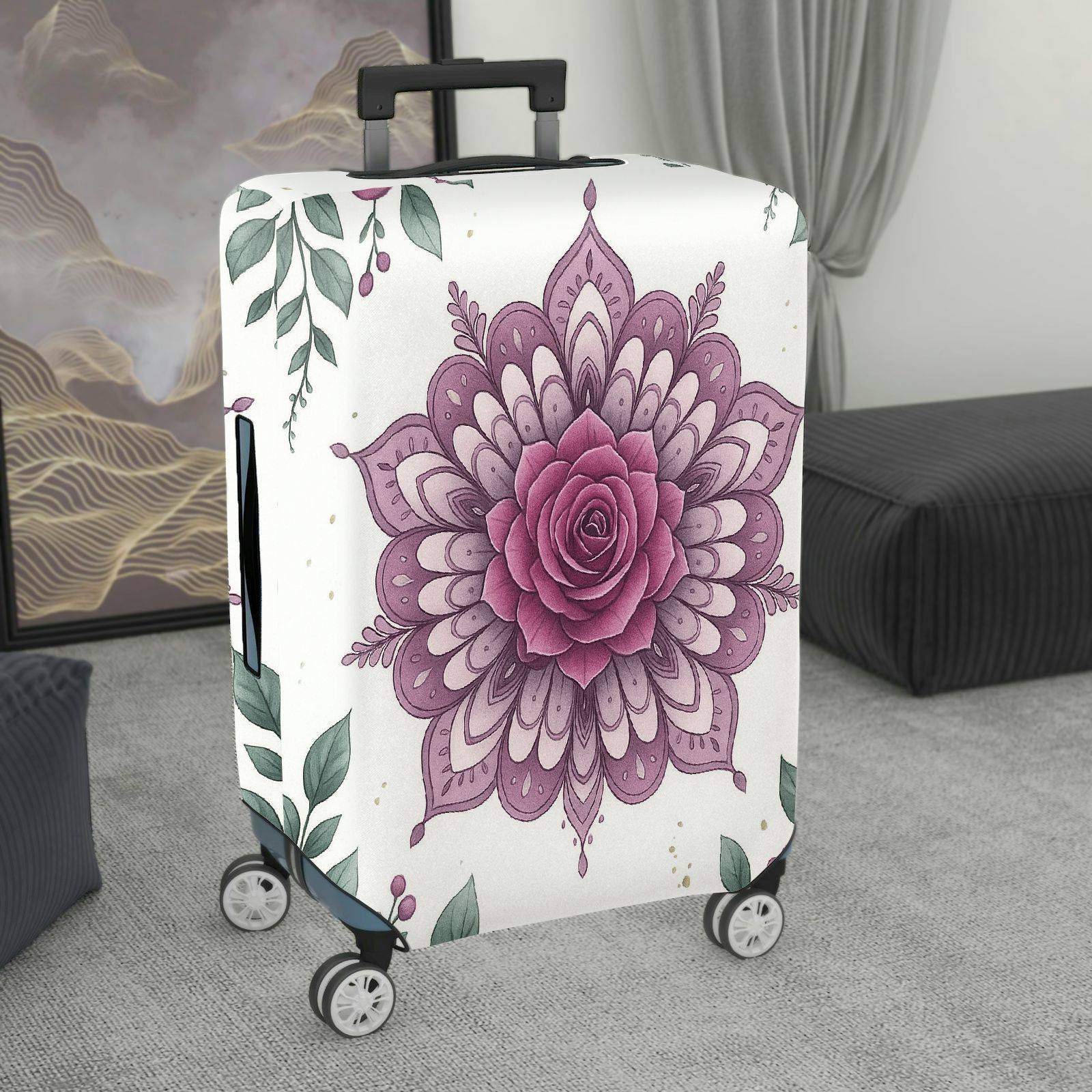 1-Piece Floral Mandala Rose Leaf Artistic Bohemian Spiritual  Suitcase Luggage Cover, Stretch Protective Sleeve