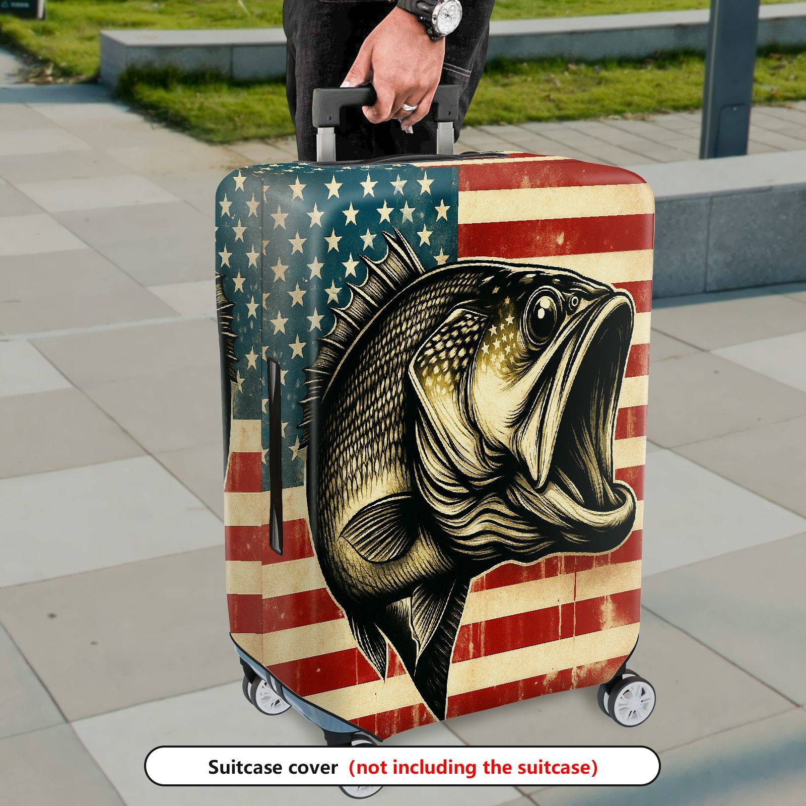 1-Piece American Flag Fish Patriotic Vintage Travel  Suitcase Luggage Cover, Stretch Protective Sleeve