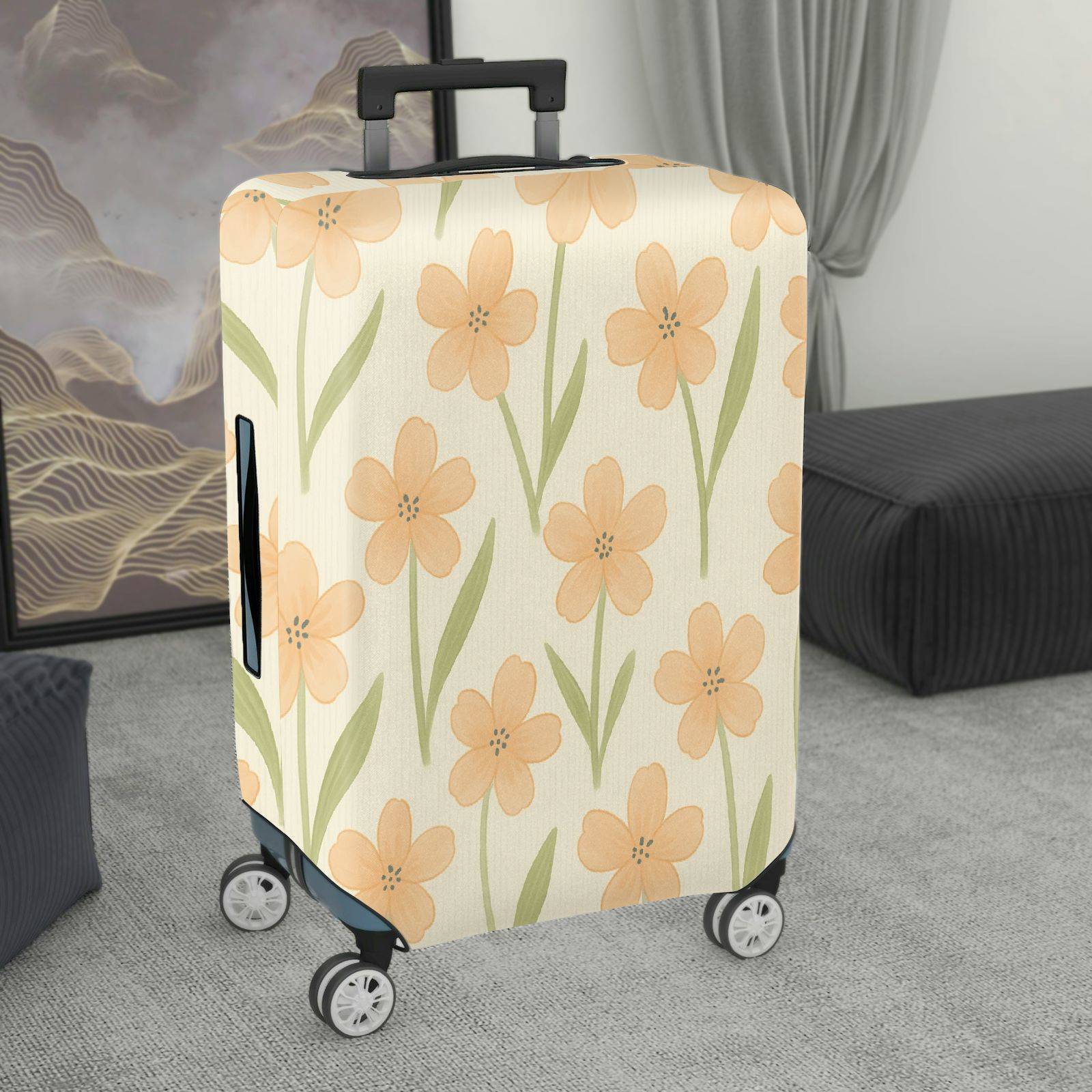1-Piece Floral Botanical Beige Green Pastel Spring  Suitcase Luggage Cover, Stretch Protective Sleeve