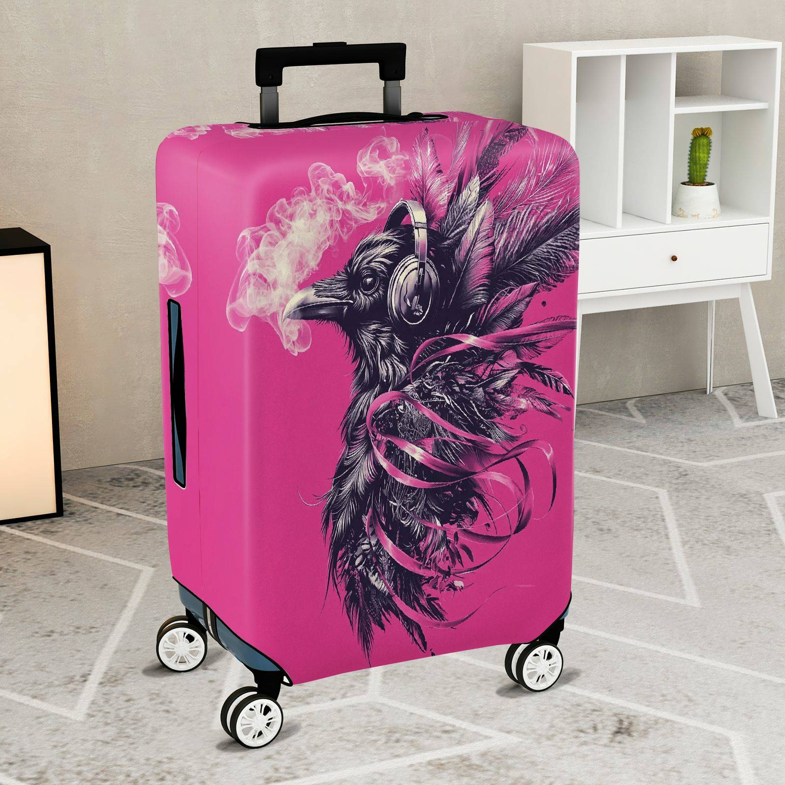 1-Piece Artistic Pink Raven Feather Smoke Headphones  Suitcase Luggage Cover, Stretch Protective Sleeve