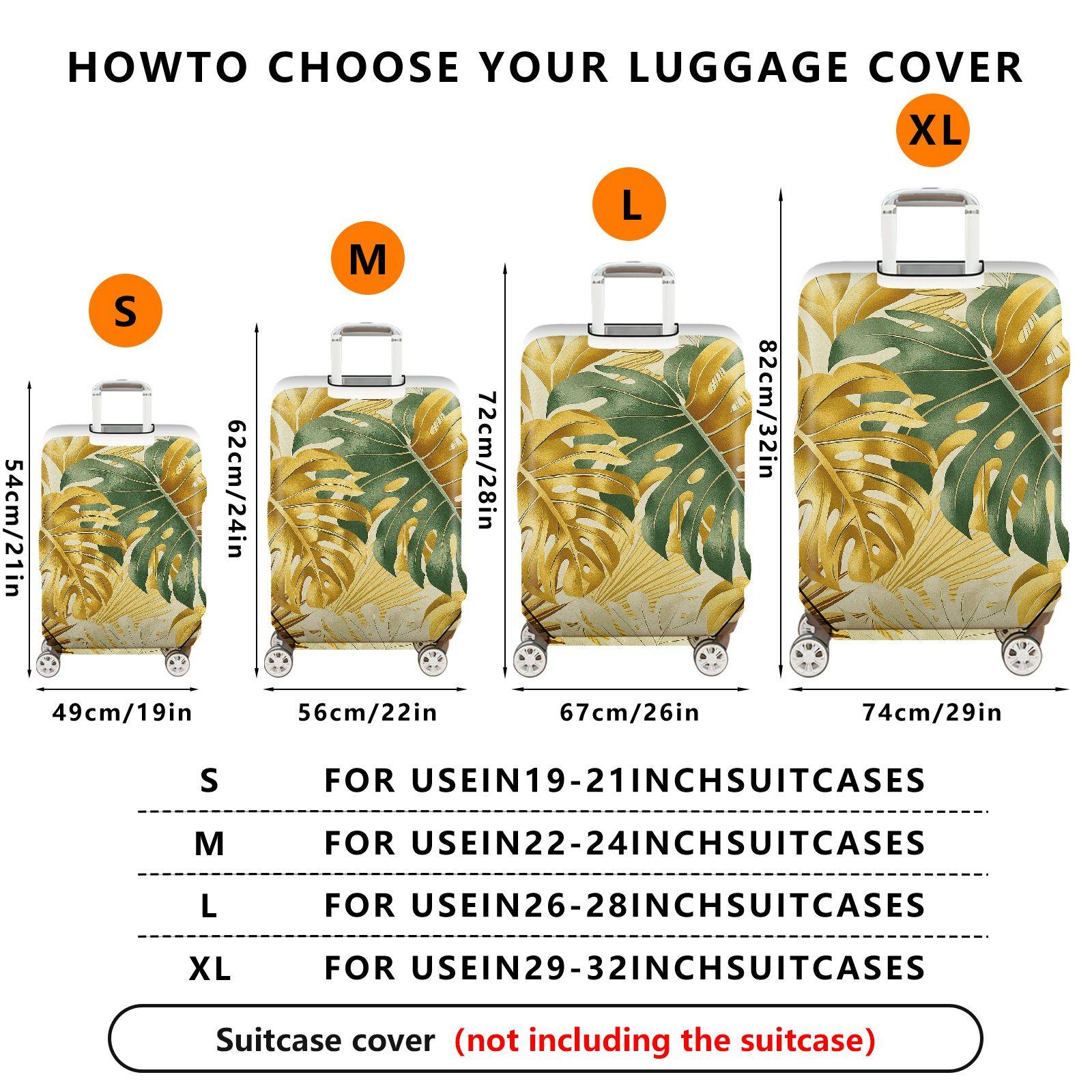 1-Piece Green Gold Tropical Leaf Decorative Exotic Artistic  Suitcase Luggage Cover, Stretch Protective Sleeve