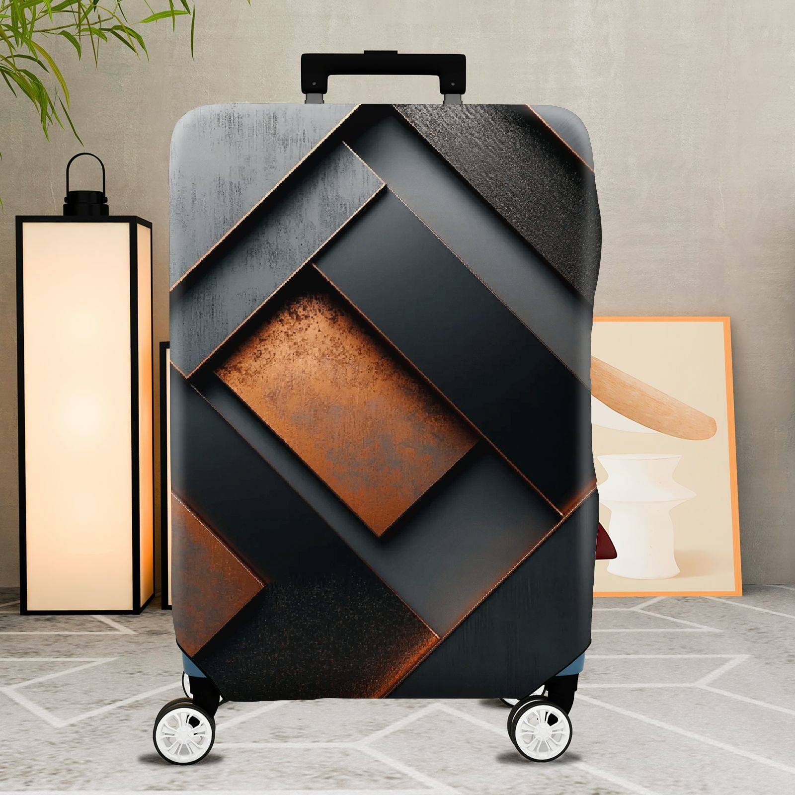 1-Piece Geometric Modern Industrial Abstract Metallic Neutral  Suitcase Luggage Cover, Stretch Protective Sleeve
